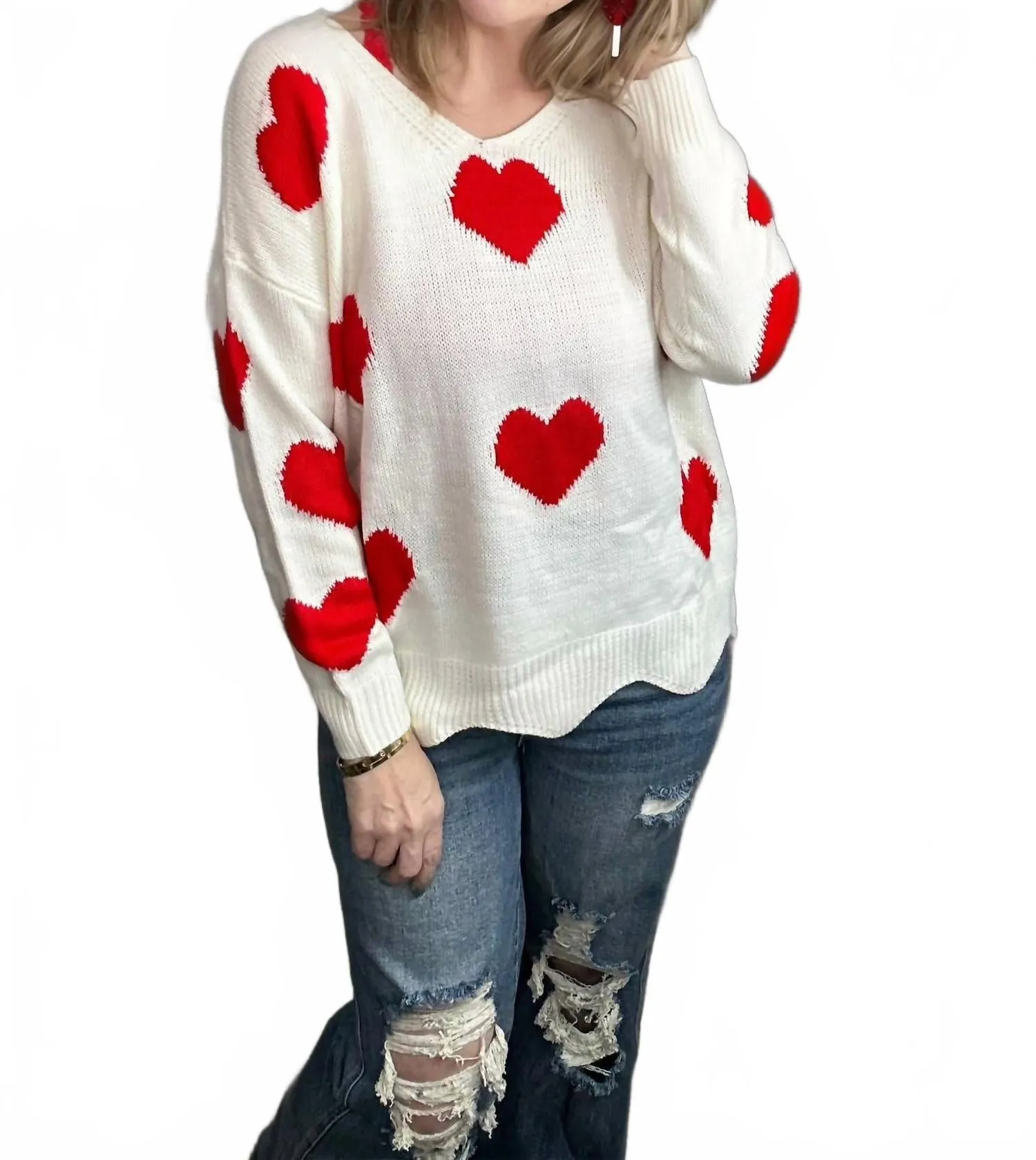 Stylish Knitwear Warm and Fashionable I Heart You Sweater In Ivory & Red