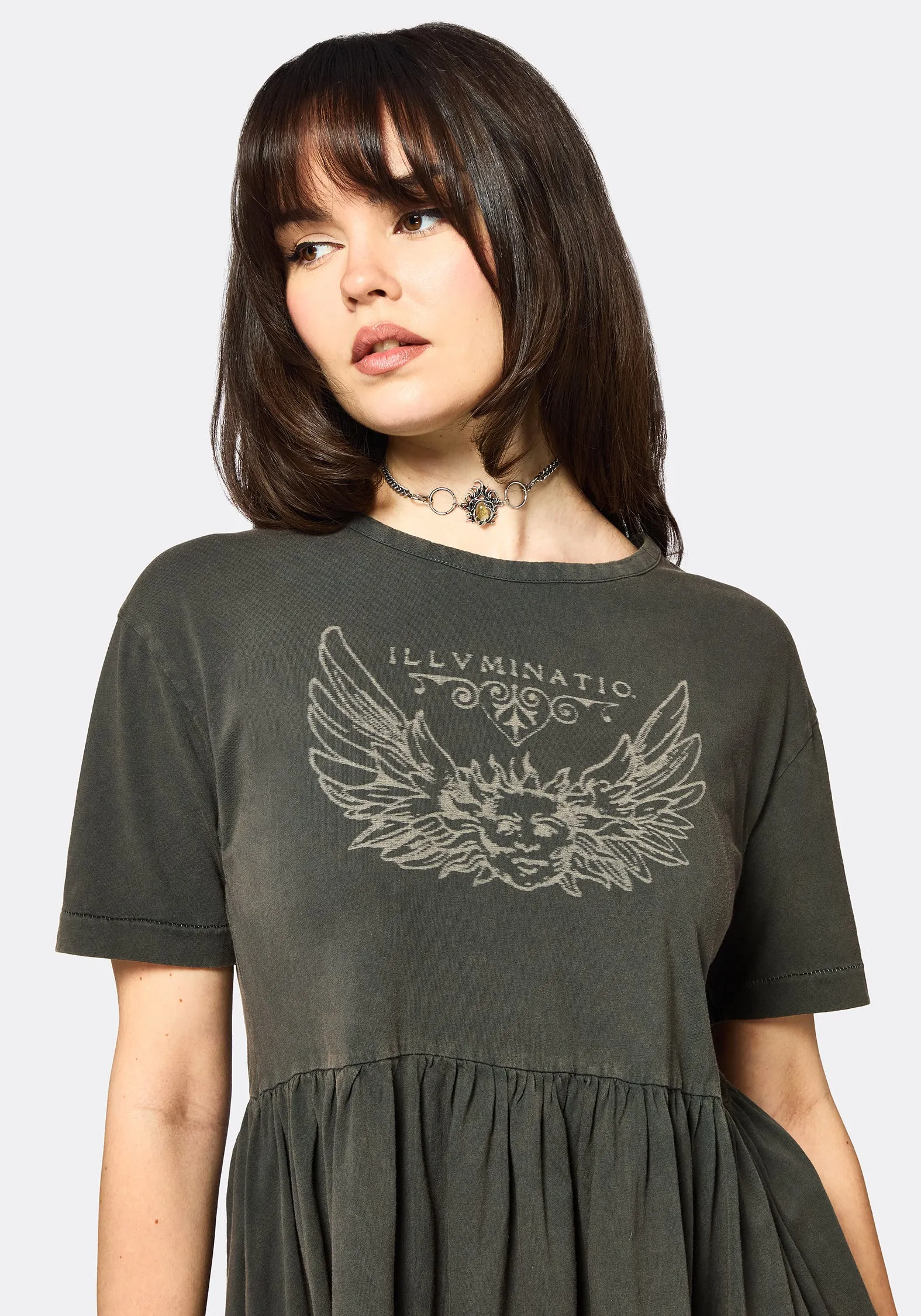Slit Detail Illvminatio Bleach Graphic Cotton Mini Skater Dress