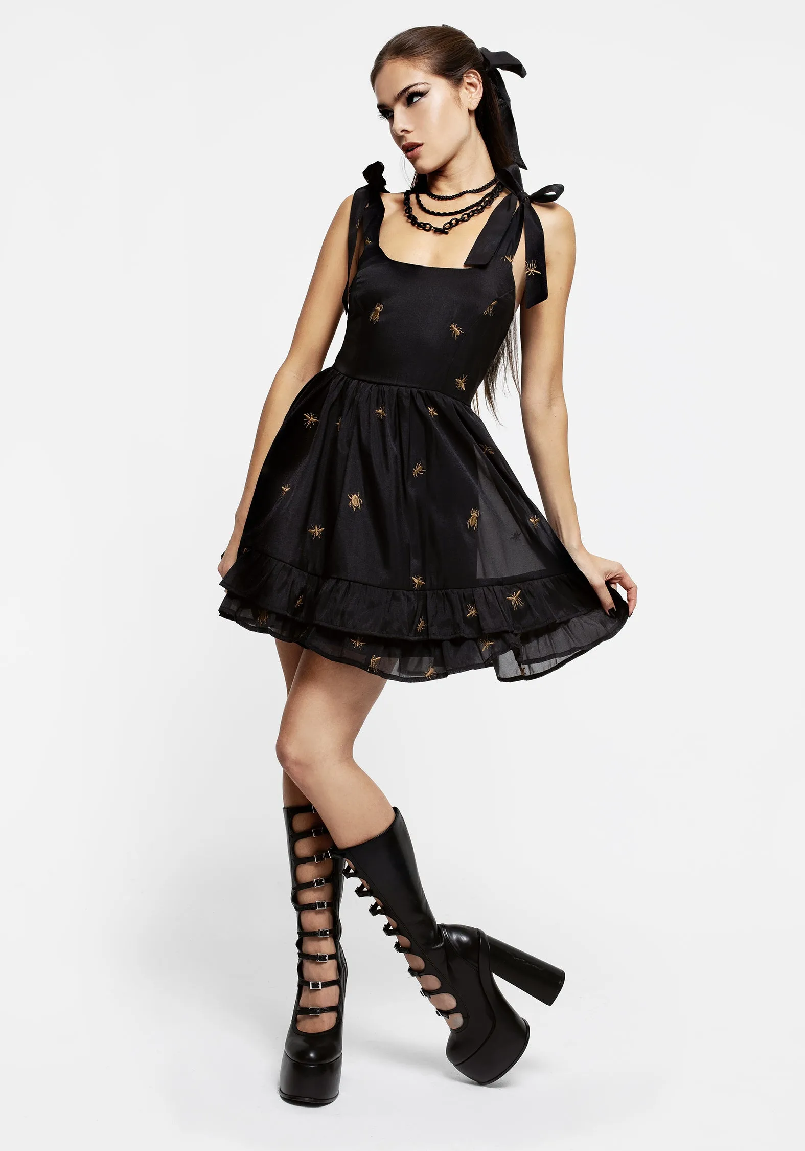 Soft Material Insectarium Embroidered Organza Tiered Corset Mini Dress