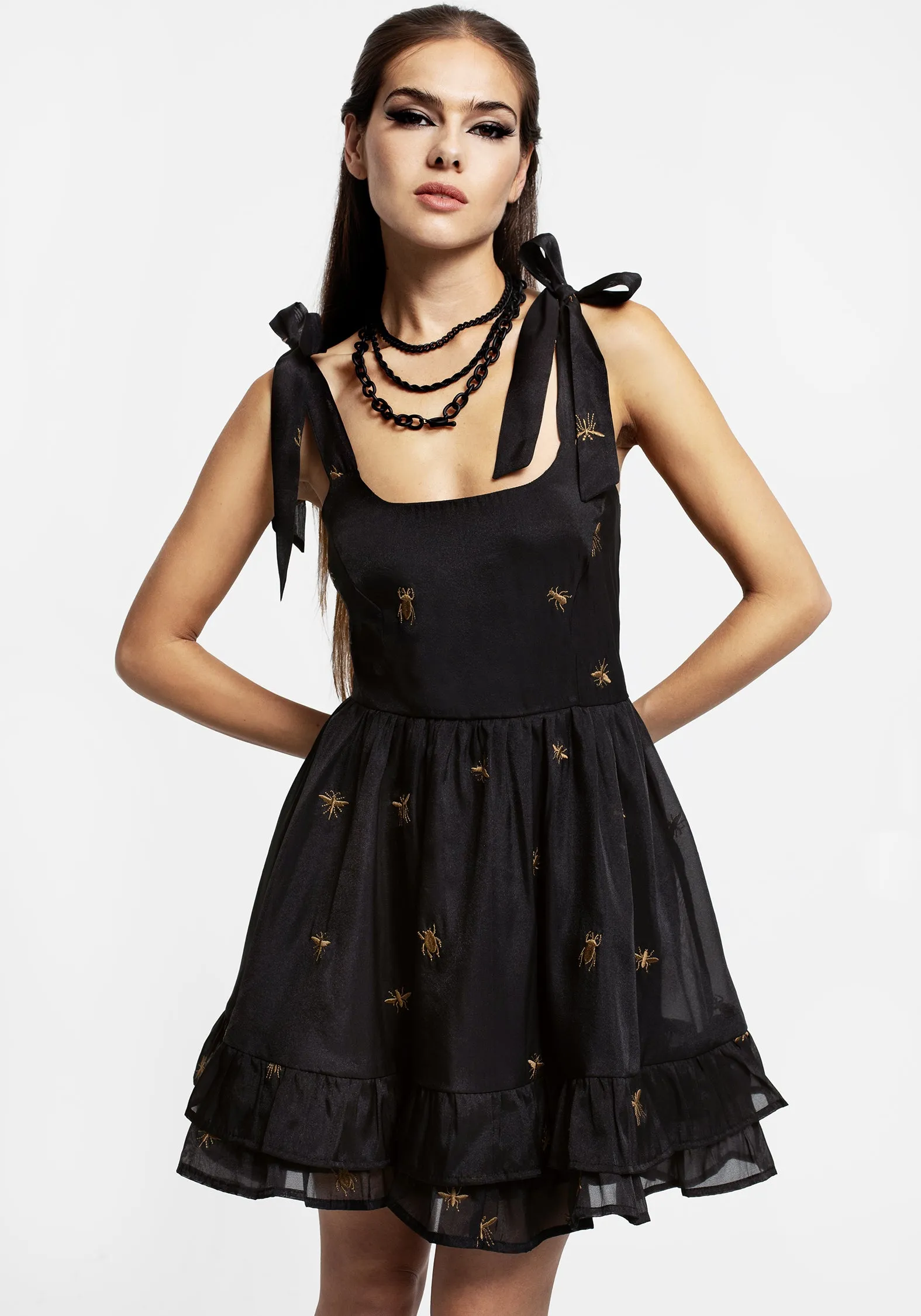 Chic formal attire Sleek Tone Insectarium Embroidered Organza Tiered Corset Mini Dress