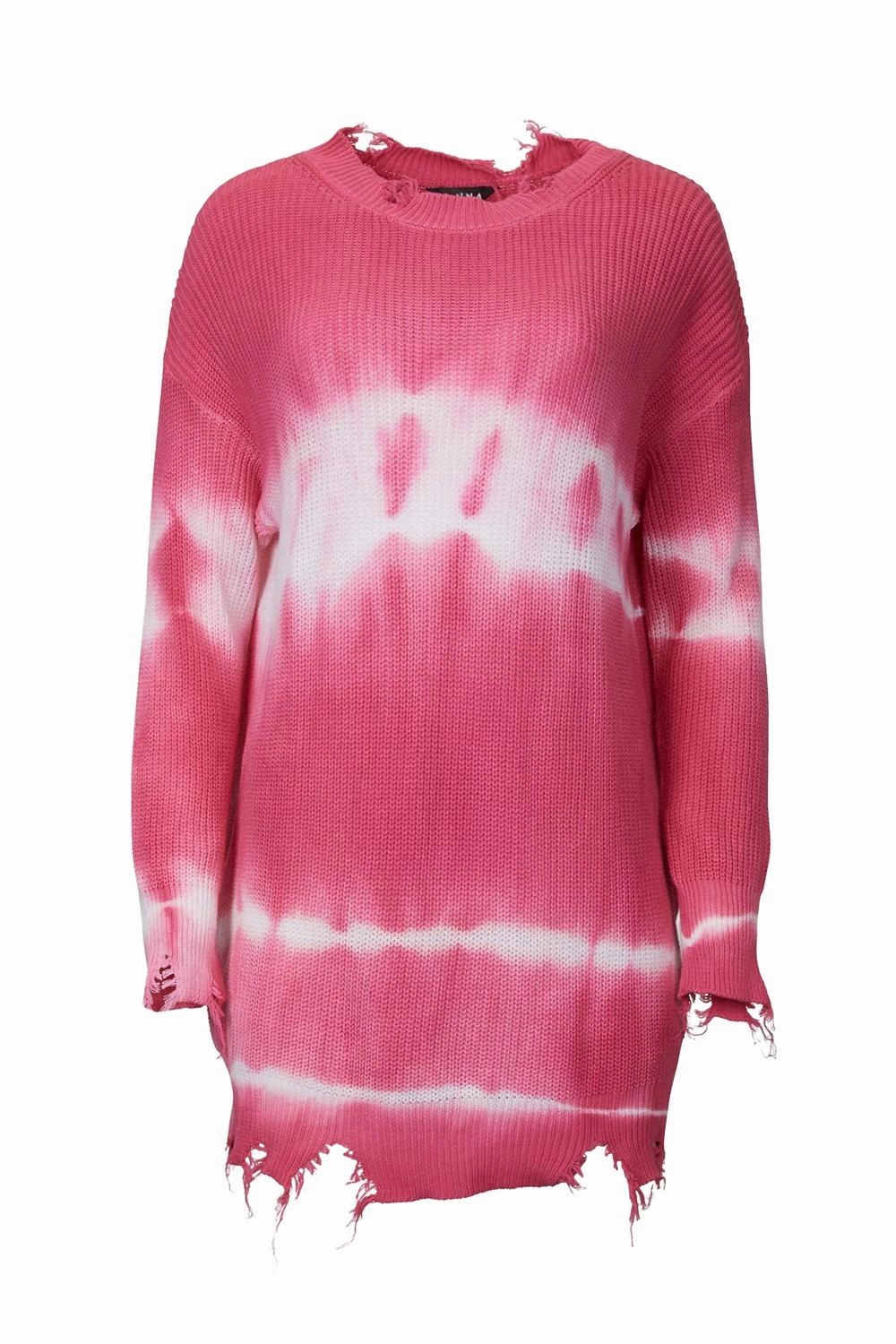 Seasonal Wear Distressed Tie-Dye Cotton Sweater In Hot Pink