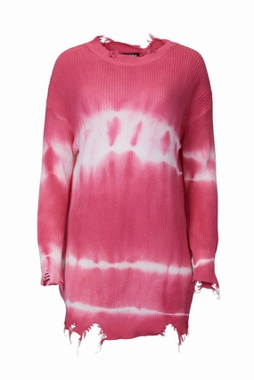 Seasonal Wear Distressed Tie-Dye Cotton Sweater In Hot Pink