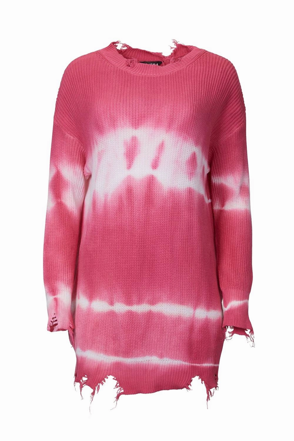 Cozy Essentials Distressed Tie-Dye Cotton Sweater In Hot Pink