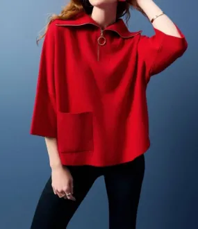 Jacquard Zipped Collar Sweater In 3229 Lipstick Warm and Cozy Colorfast Technology