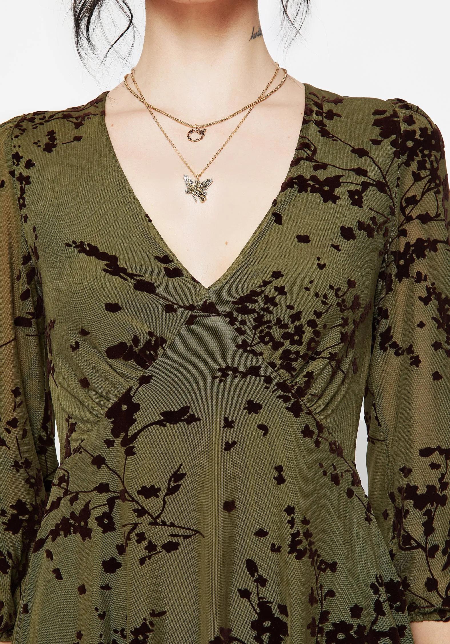Puff-Sleeve Natural Style Jael Flocked Devor?? Smock Mini Dress
