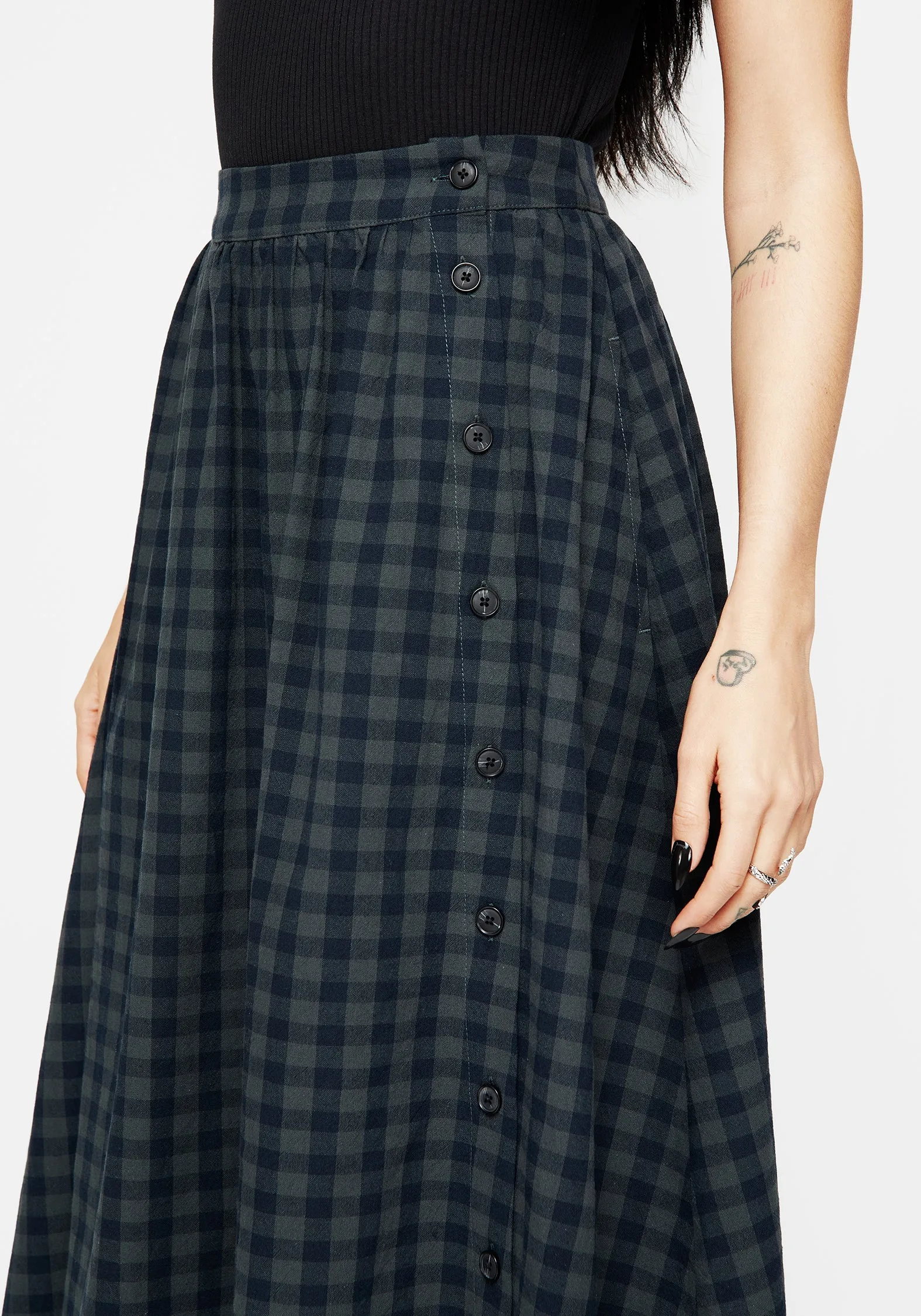 Jeannie Check Cotton Button Up Midaxi Skirt Sustainable Delicate Texture