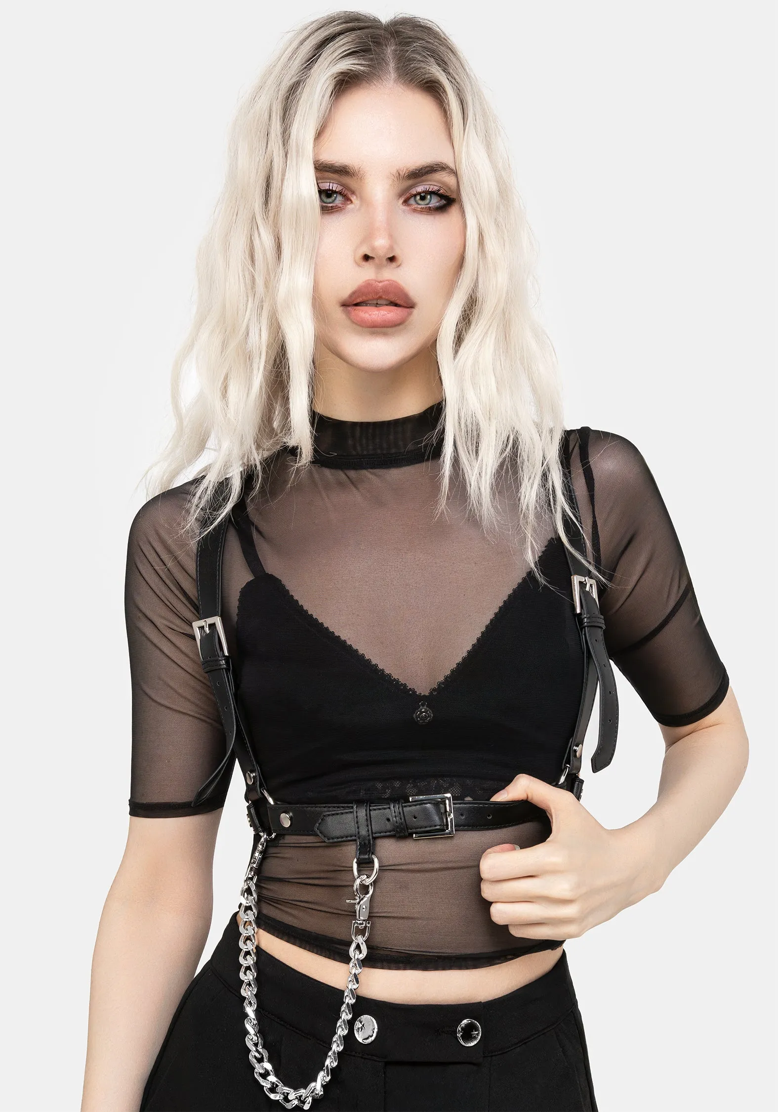 Jinx Mesh Short Sleeve Top Layered Neckline