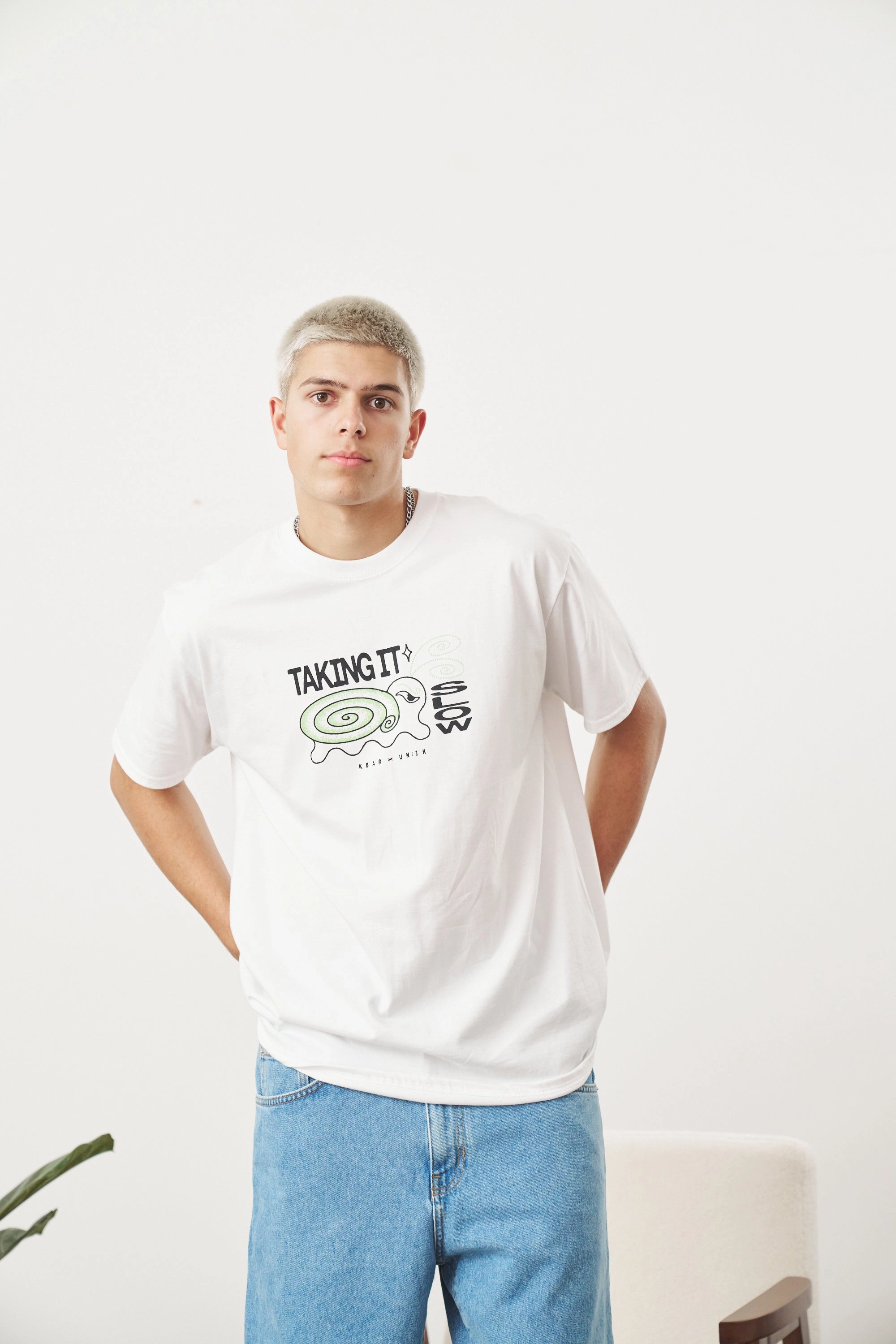 KBAR X UN:IK 'Taking It Slow' Tee - White Dimensional Stability Weave Job Interview