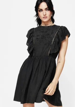 Eartha Cotton Embroidered Frill Detail Mini Dress Glossy-Finish