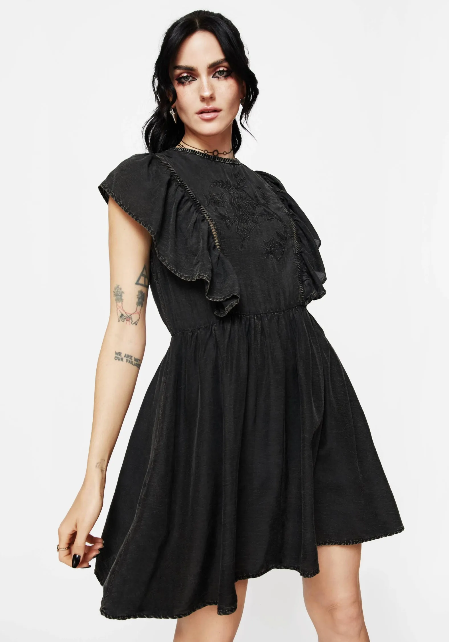Eartha Cotton Embroidered Frill Detail Mini Dress Zip Closure Elegant Appearance