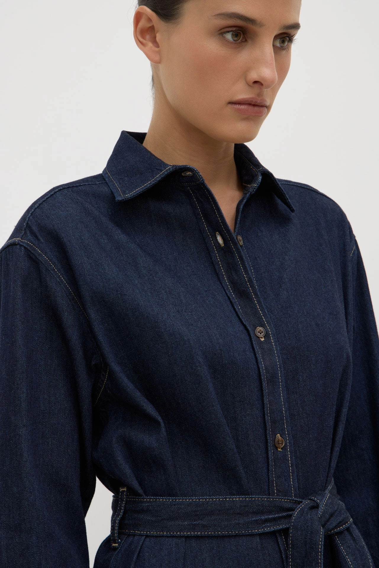 Kiera Recycled Denim Midi Shirt Dress City Flow Polished Edge