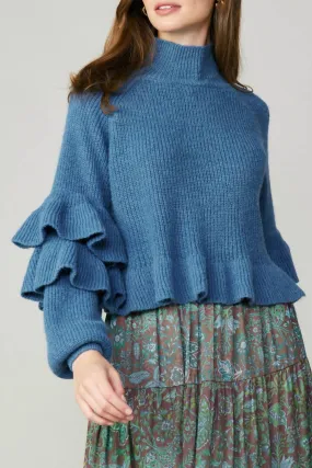 Long Sleeve Mock Neck Sweater Wit Ruffle Sleeve In Blue Simple Knitwear Anti Pilling Treatment
