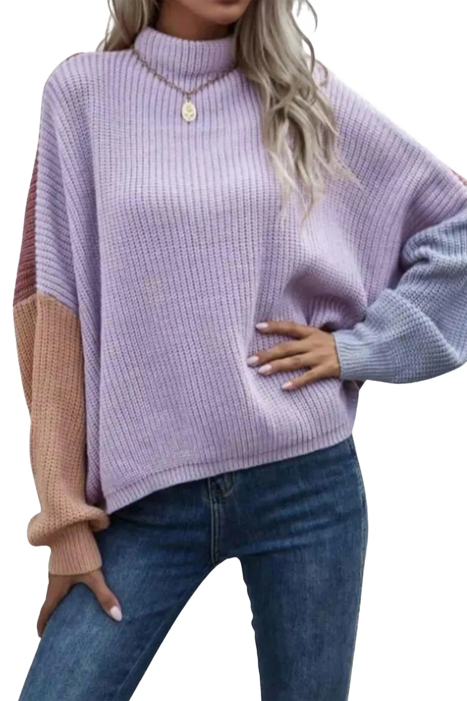 Snuggle Style Slouchy Colorblock Ribbed-Knit Sweater In Lavender