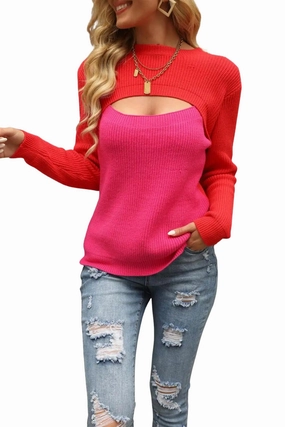 Two-Tone Colorblock Cutout Sweater In Red/hot Pink Chic Layering Timeless Layer