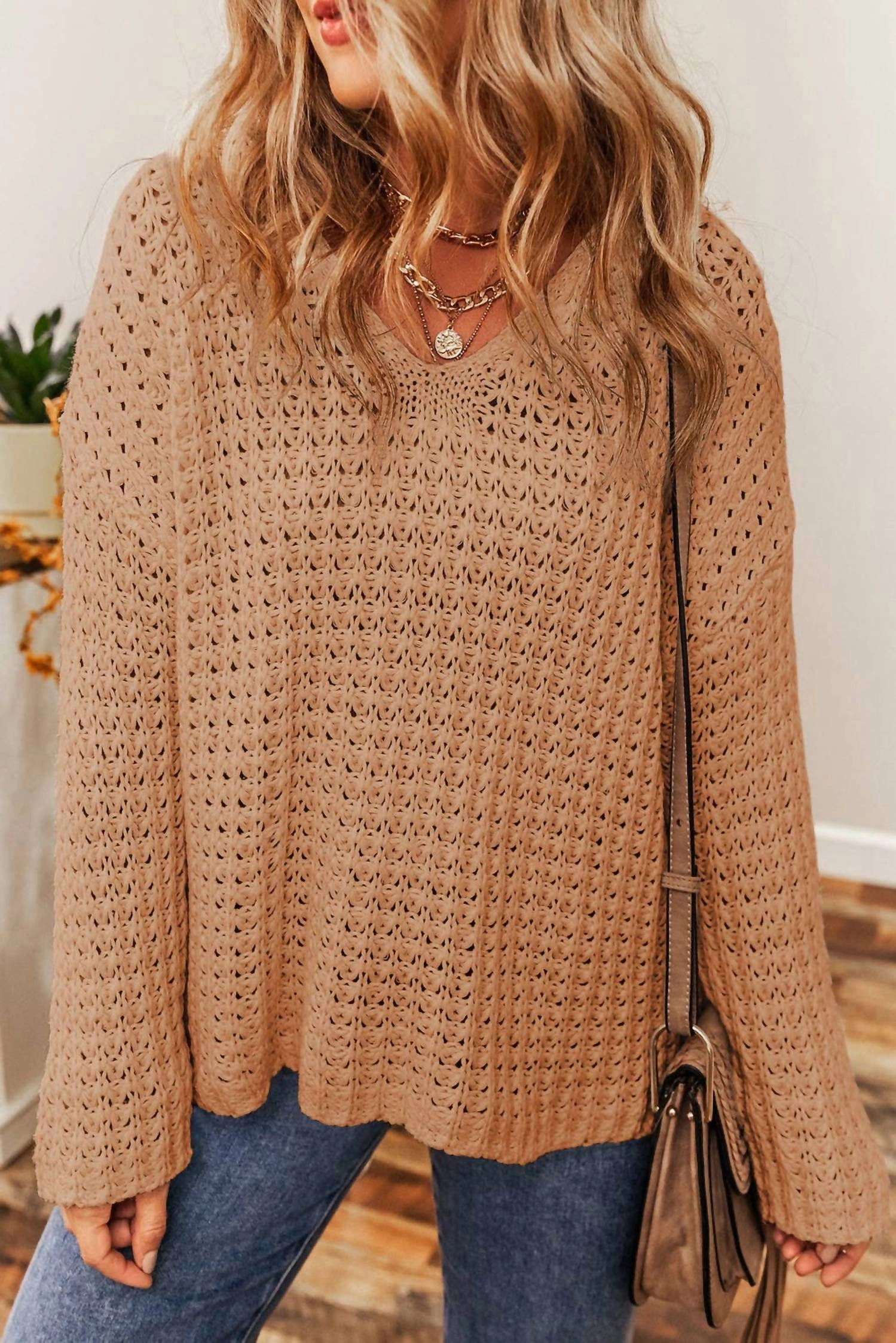 Easy Care Fabric Hollowed Crochet V-Neck Sweater In Light French Beige