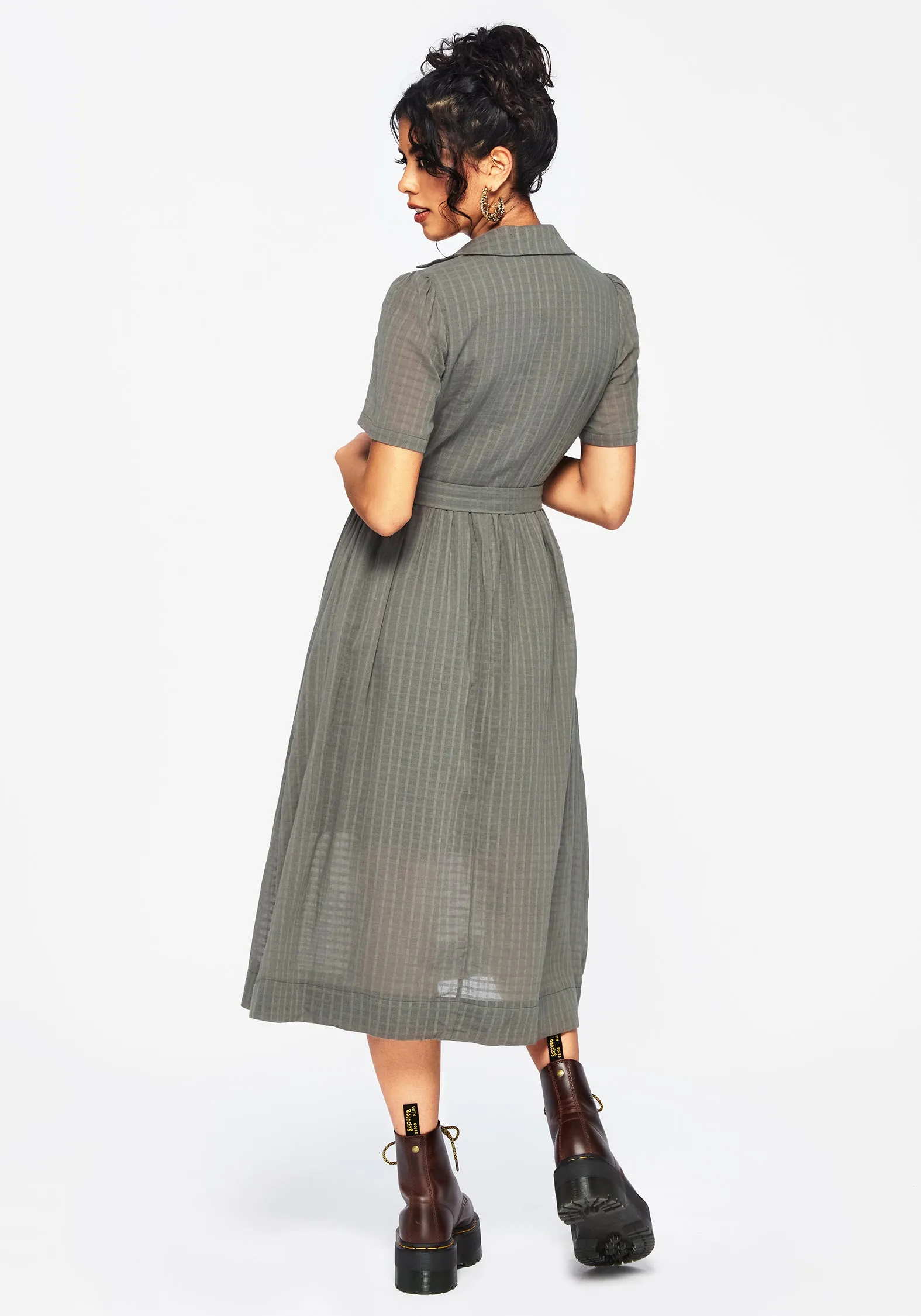 Formal-look Trendy Tailoring Koax Cotton Check Embroidered Button Up Midi Shirt Dress