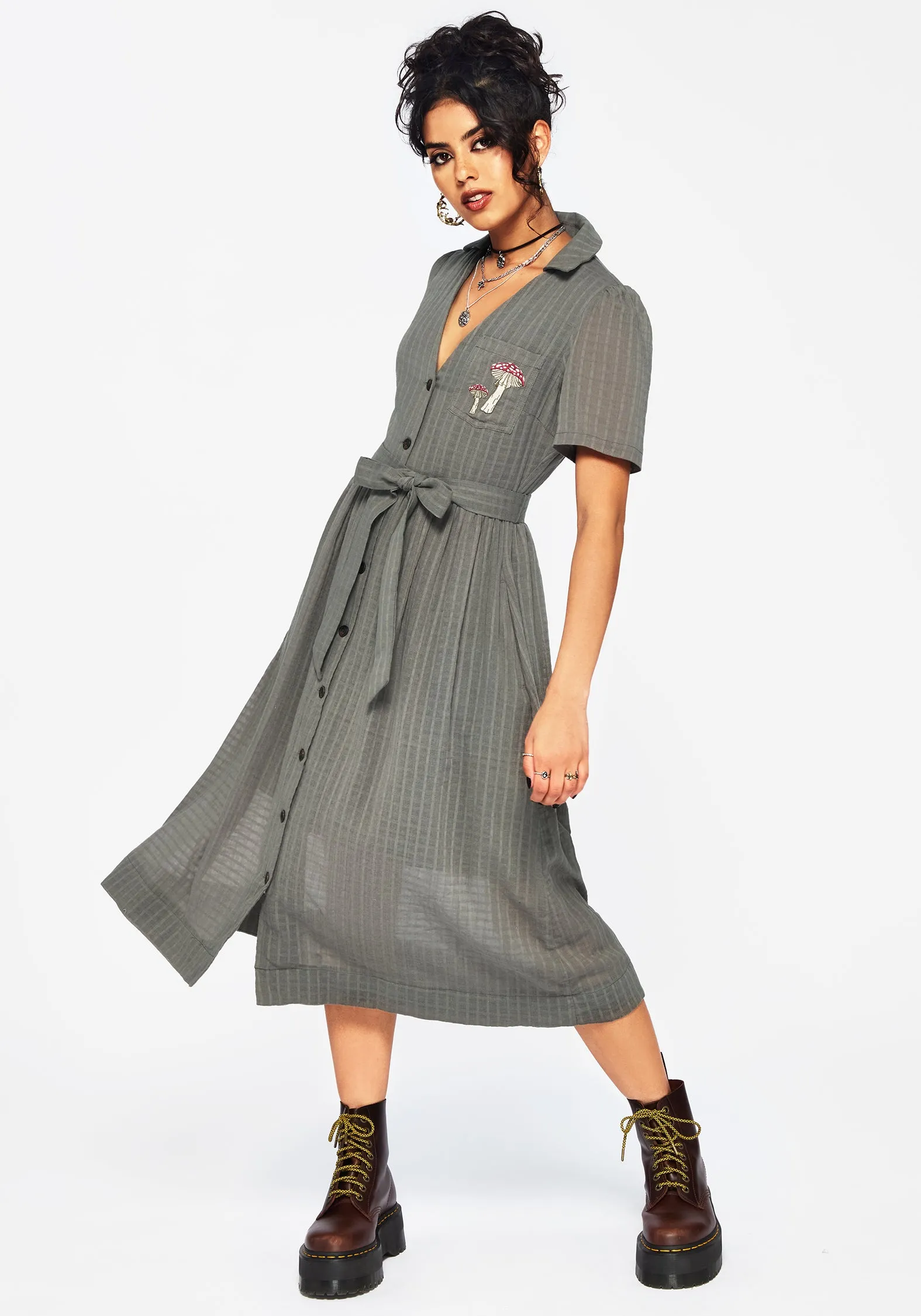 Night Party Soft Finish Koax Cotton Check Embroidered Button Up Midi Shirt Dress