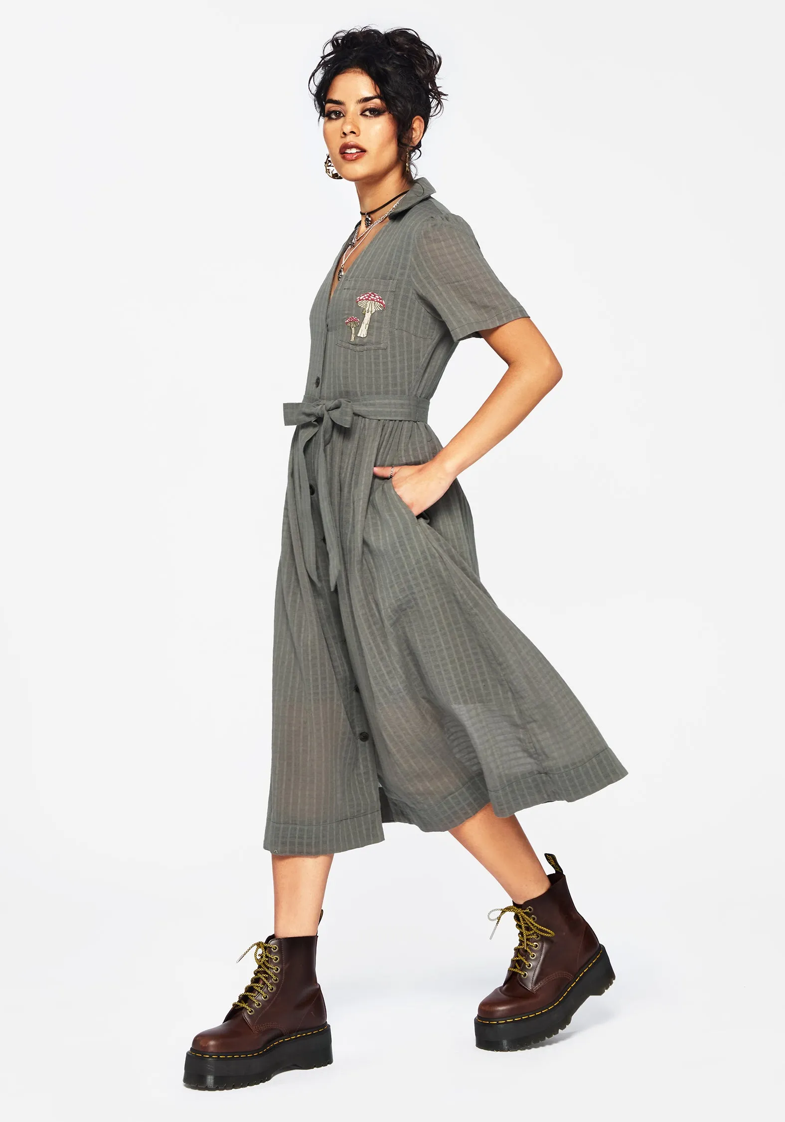 Koax Cotton Check Embroidered Button Up Midi Shirt Dress Bridal-Shower