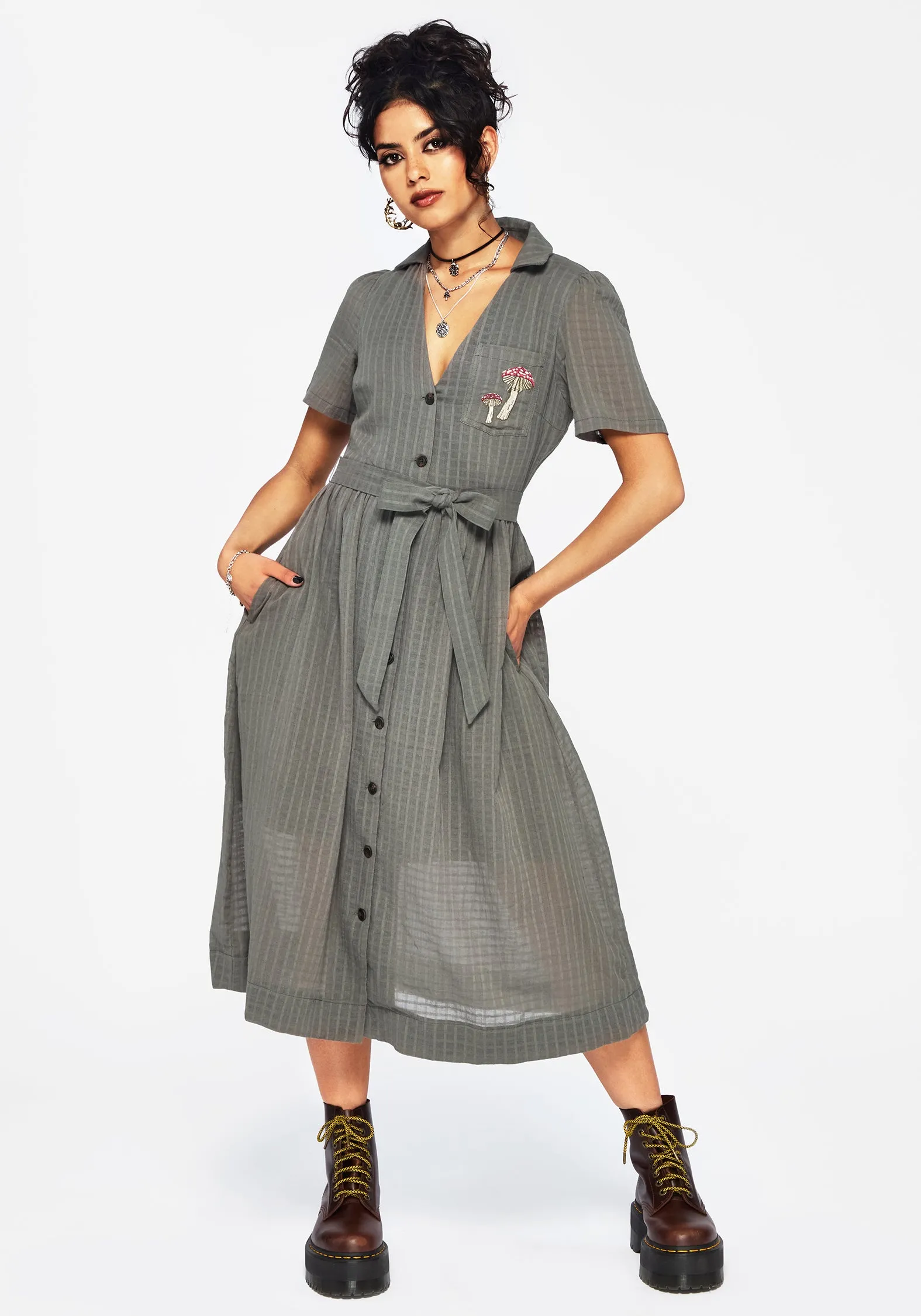 Gentle Fit Koax Cotton Check Embroidered Button Up Midi Shirt Dress