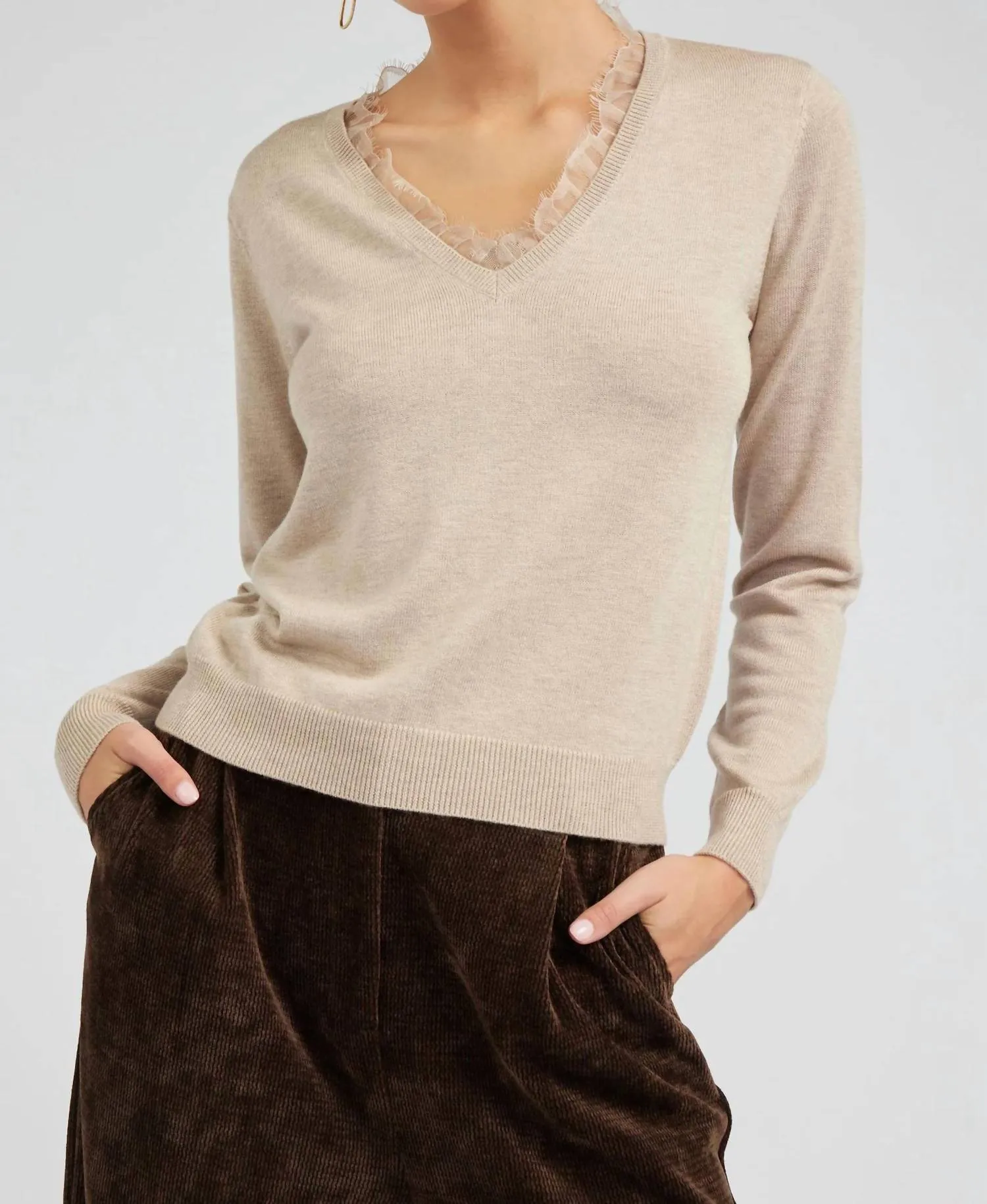 Winter Layering Look Lace Detail V-Neck Sweater In Oatmeal