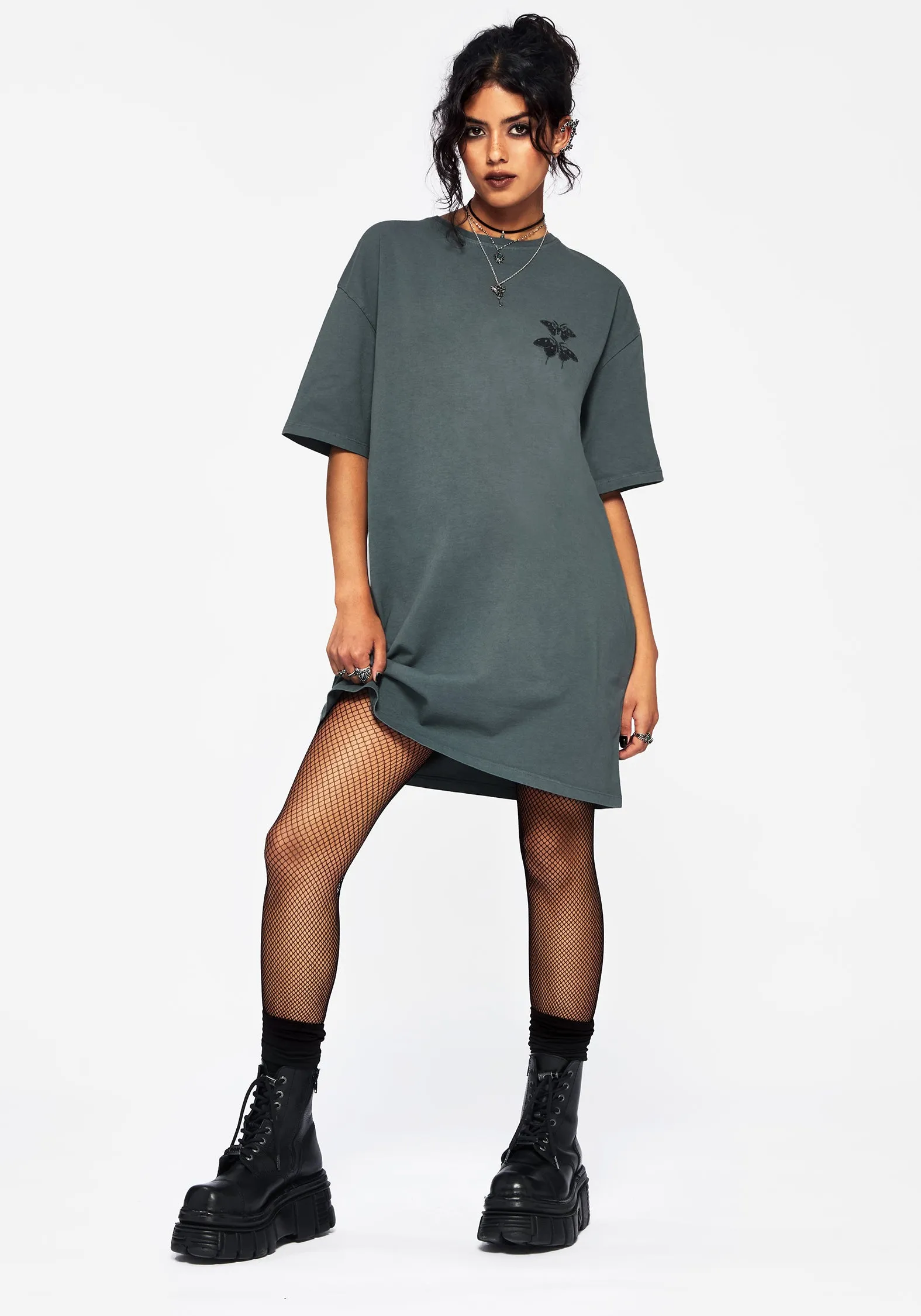 Artemisia Cotton Acid Wash Moth Graphic Tee Dress Everyday Piece Romantic-Detail