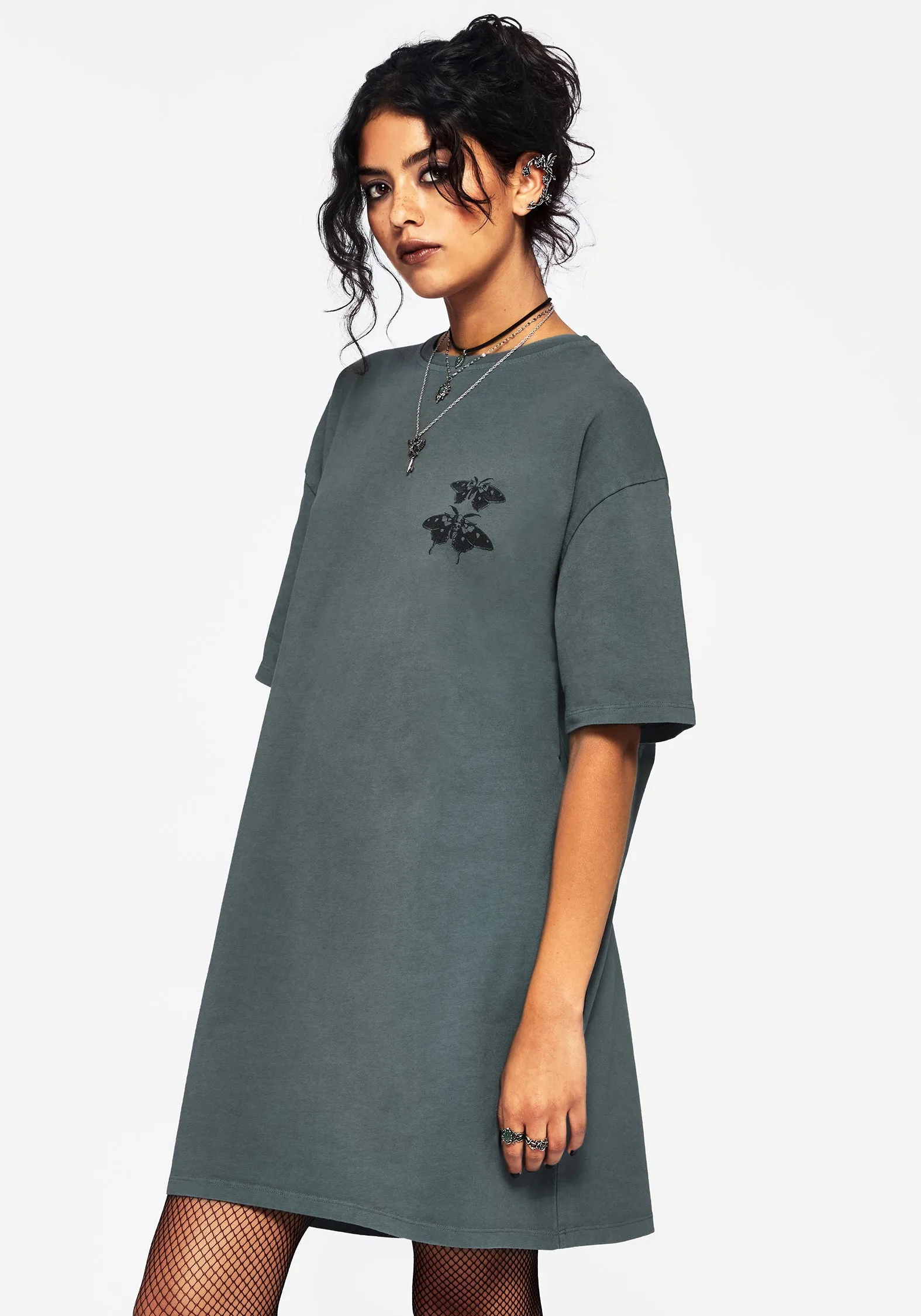 Artemisia Cotton Acid Wash Moth Graphic Tee Dress Relax Flex