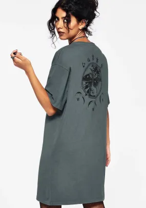 Artemisia Cotton Acid Wash Moth Graphic Tee Dress Chilly Wear