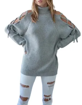 Soft Wear Lace-Up Shoulder Sweater In Heather Grey