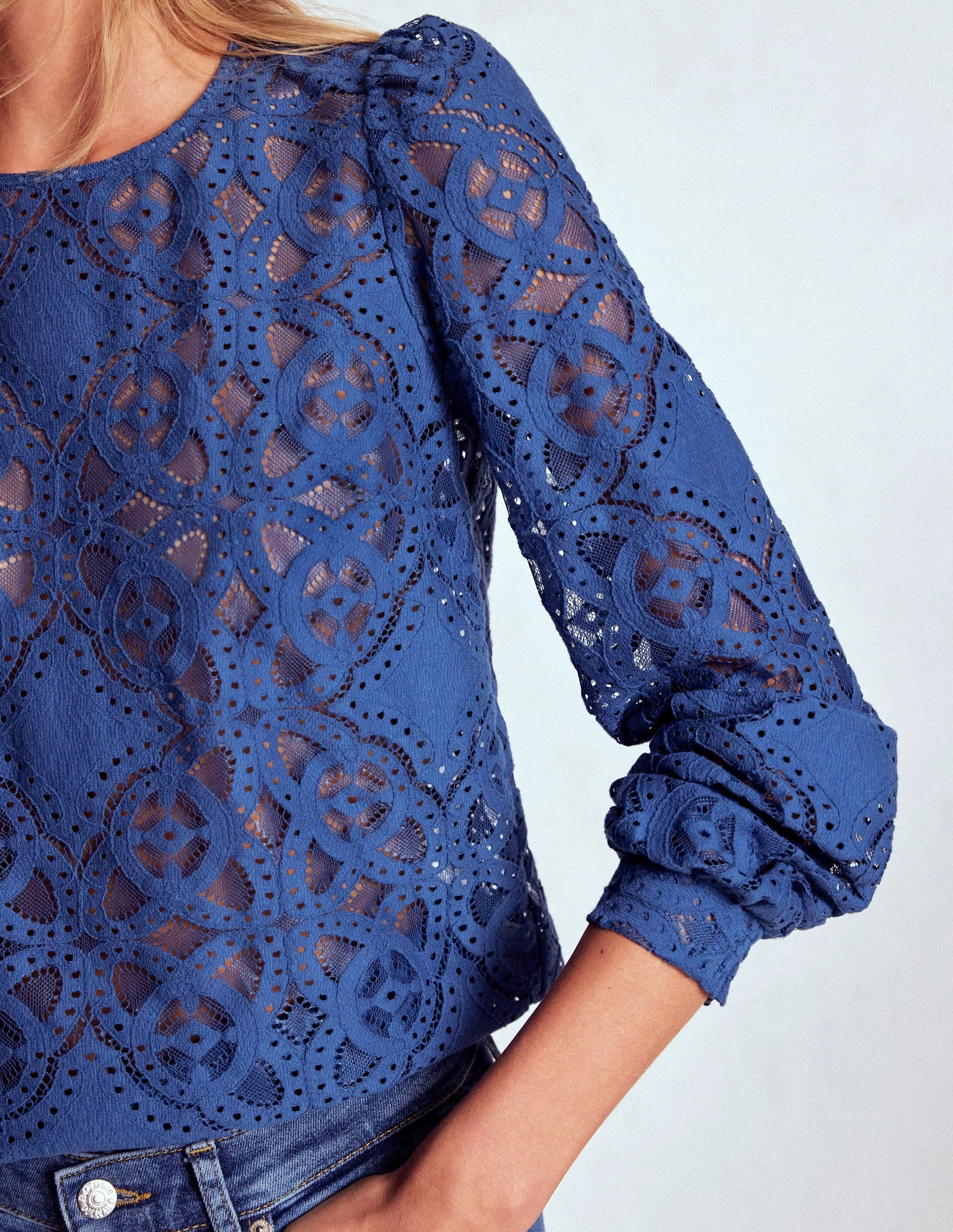 Lace Crew Neck Top-Denim Blue Compression Technology Flexible Knit Office Attire