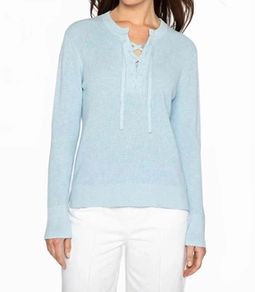 Lightweight Knit Lace Up Rib Crew In Wave