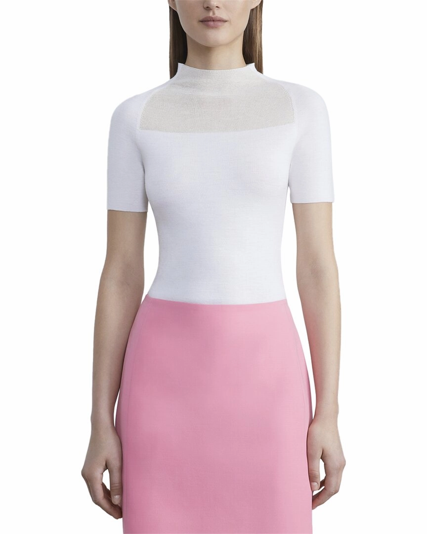 Lafayette 148 New York Sheer Cutout Raglan Sleeve Wool Pullover Circular Knit Technology