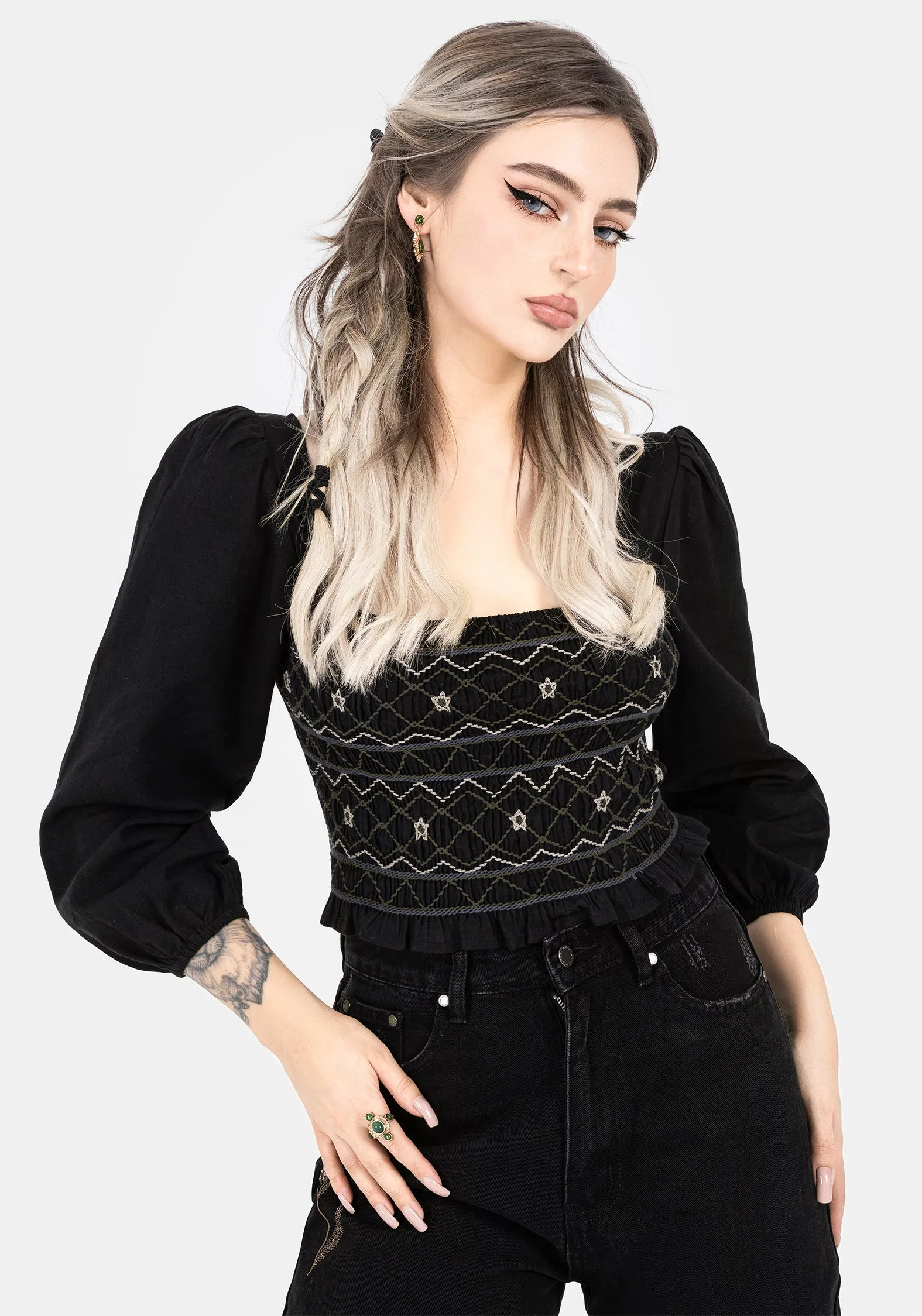 porch Larissa Hand Embroidered Smocked Puff Sleeve Top