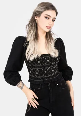 porch Larissa Hand Embroidered Smocked Puff Sleeve Top