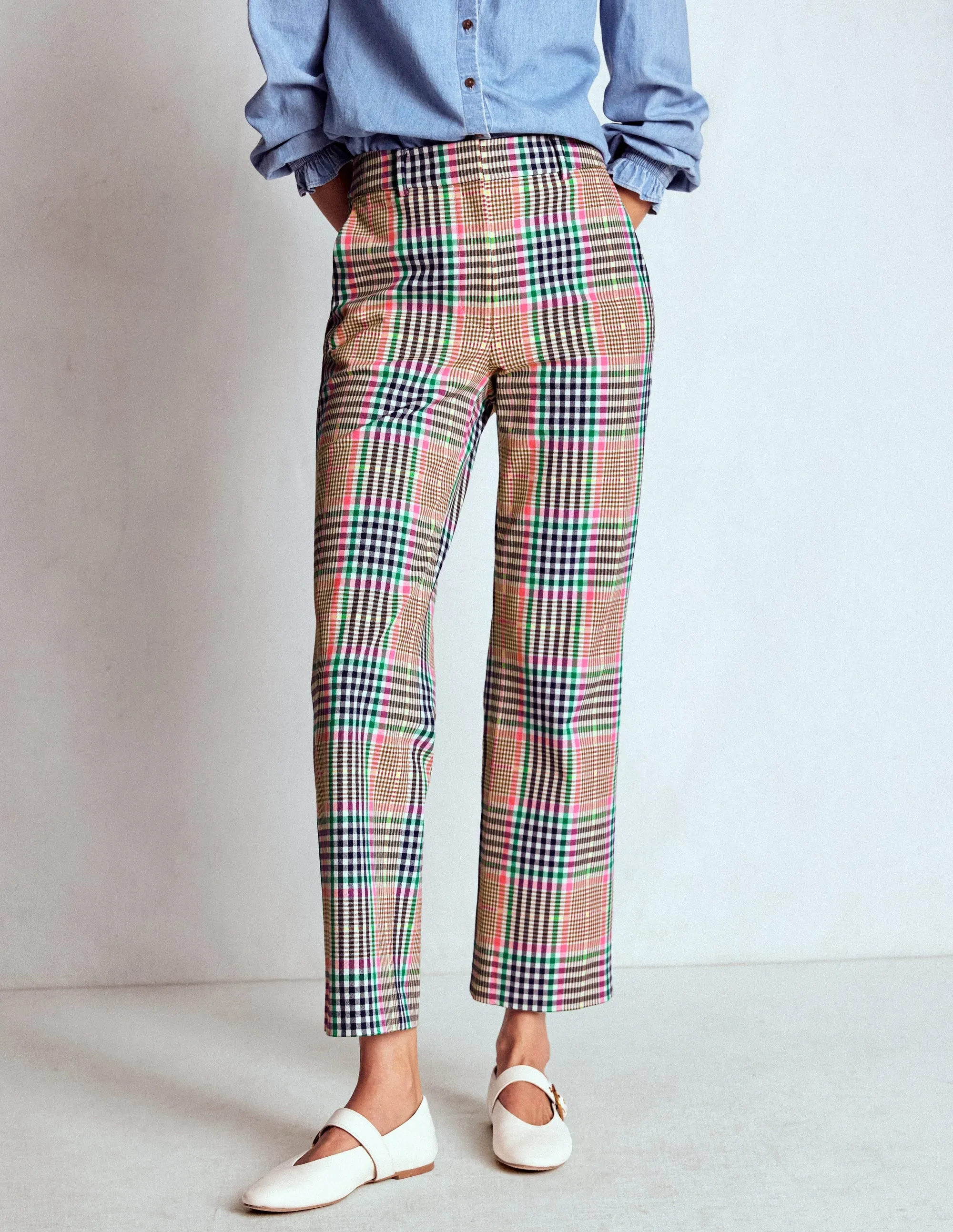 Canonbury Tailored Trousers-Brown,Rose Pink and Navy Check Cozy Style No Sagging