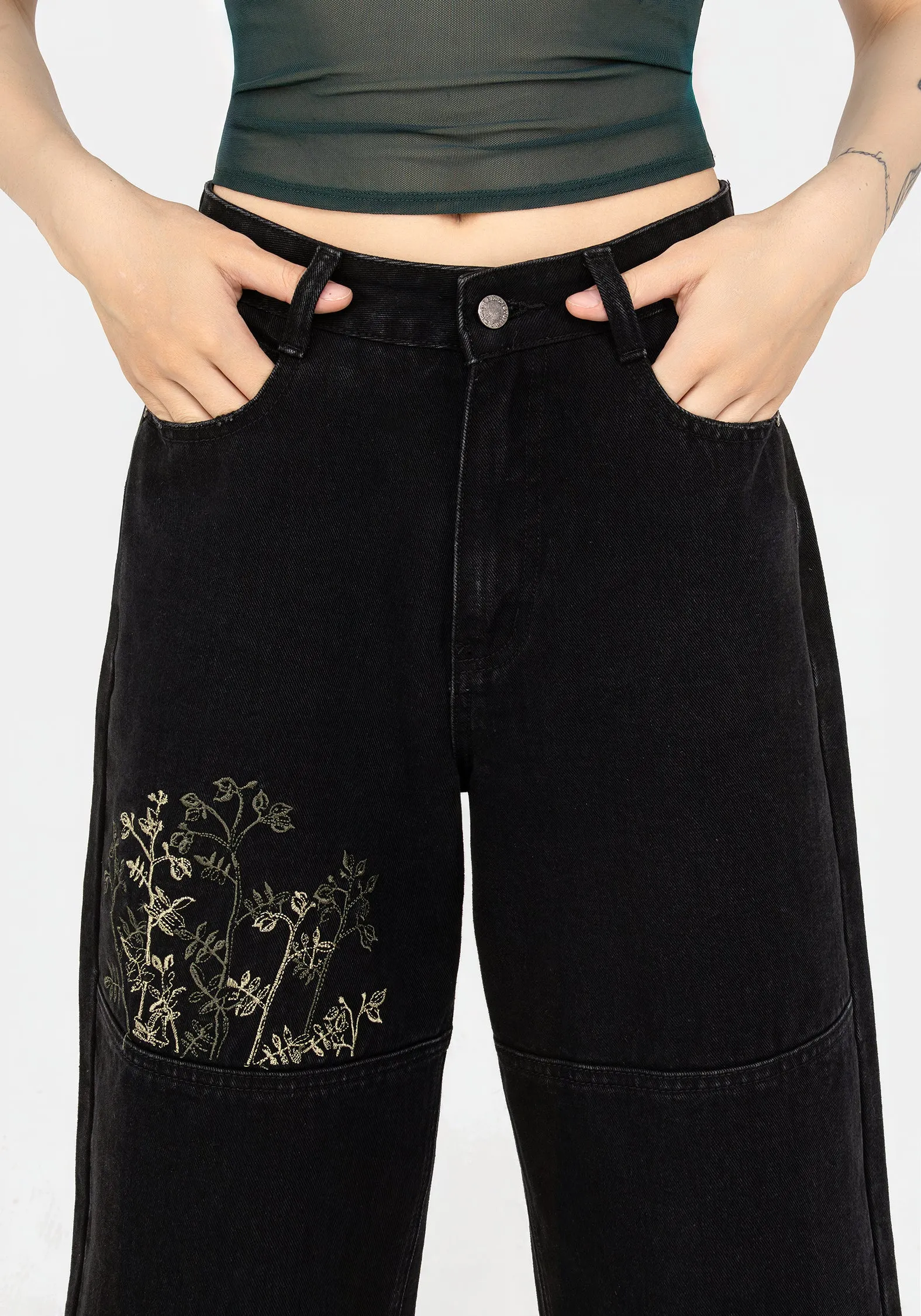 Buckthorn Embroidered Denim Barrel Leg Jeans Distressed Detailing Outdoor Comfort