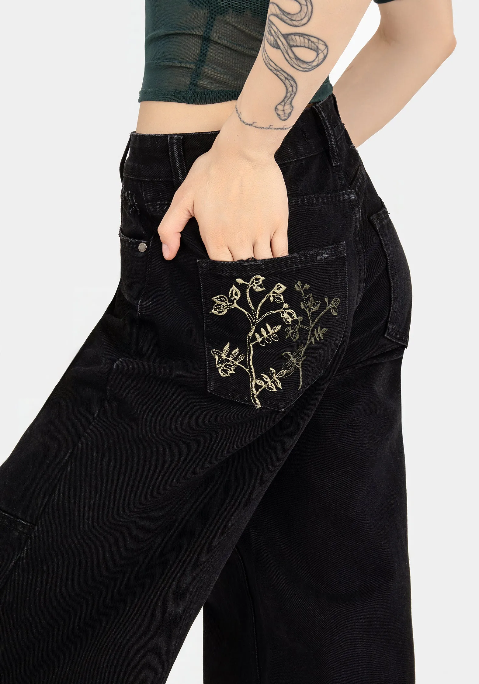Shopping Day High Quality Weekend Style Flexible Waistband Buckthorn Embroidered Denim Barrel Leg Jeans