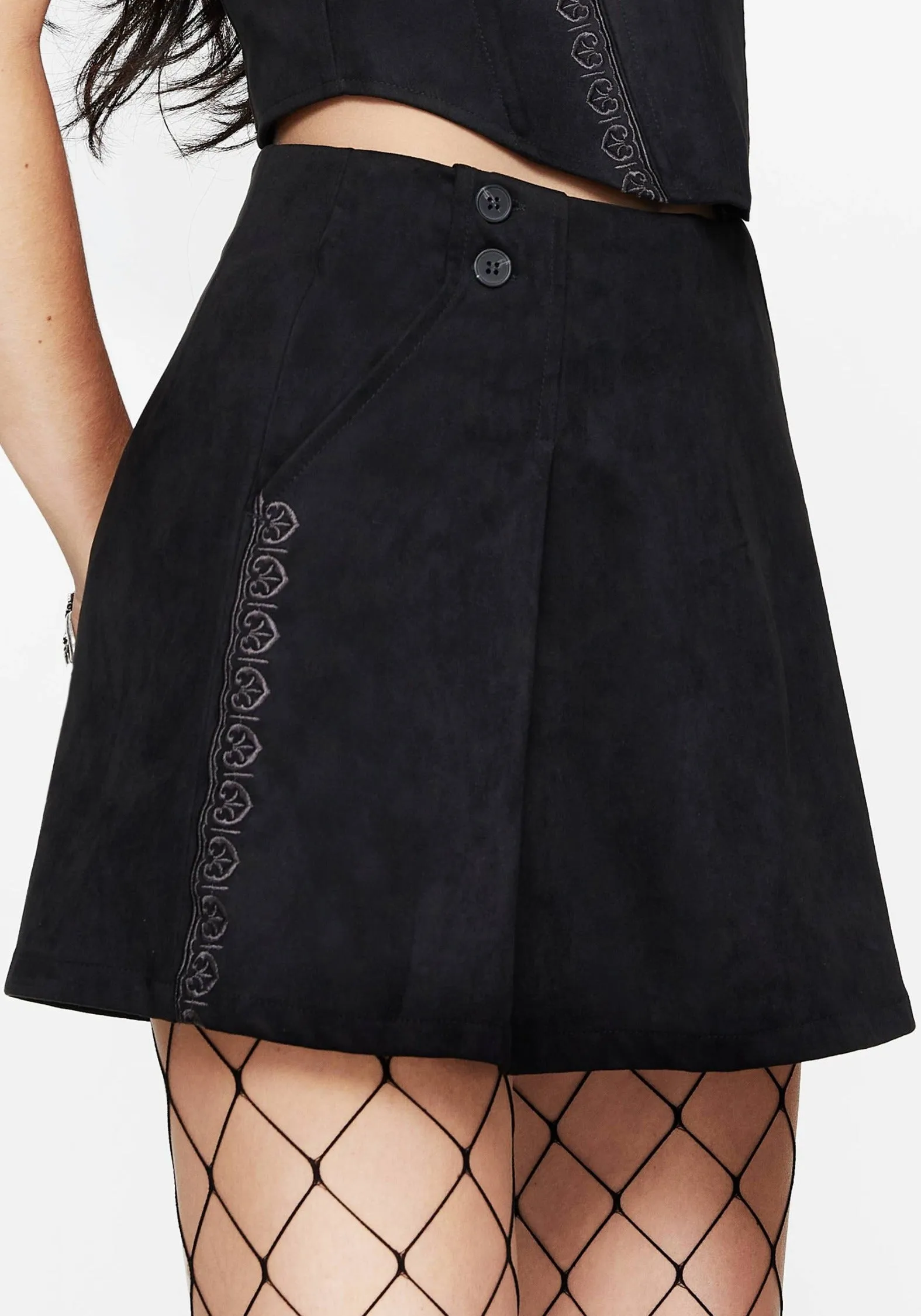 Modern Design Detachable Tie Lauma Embroidered Faux Suede Skort