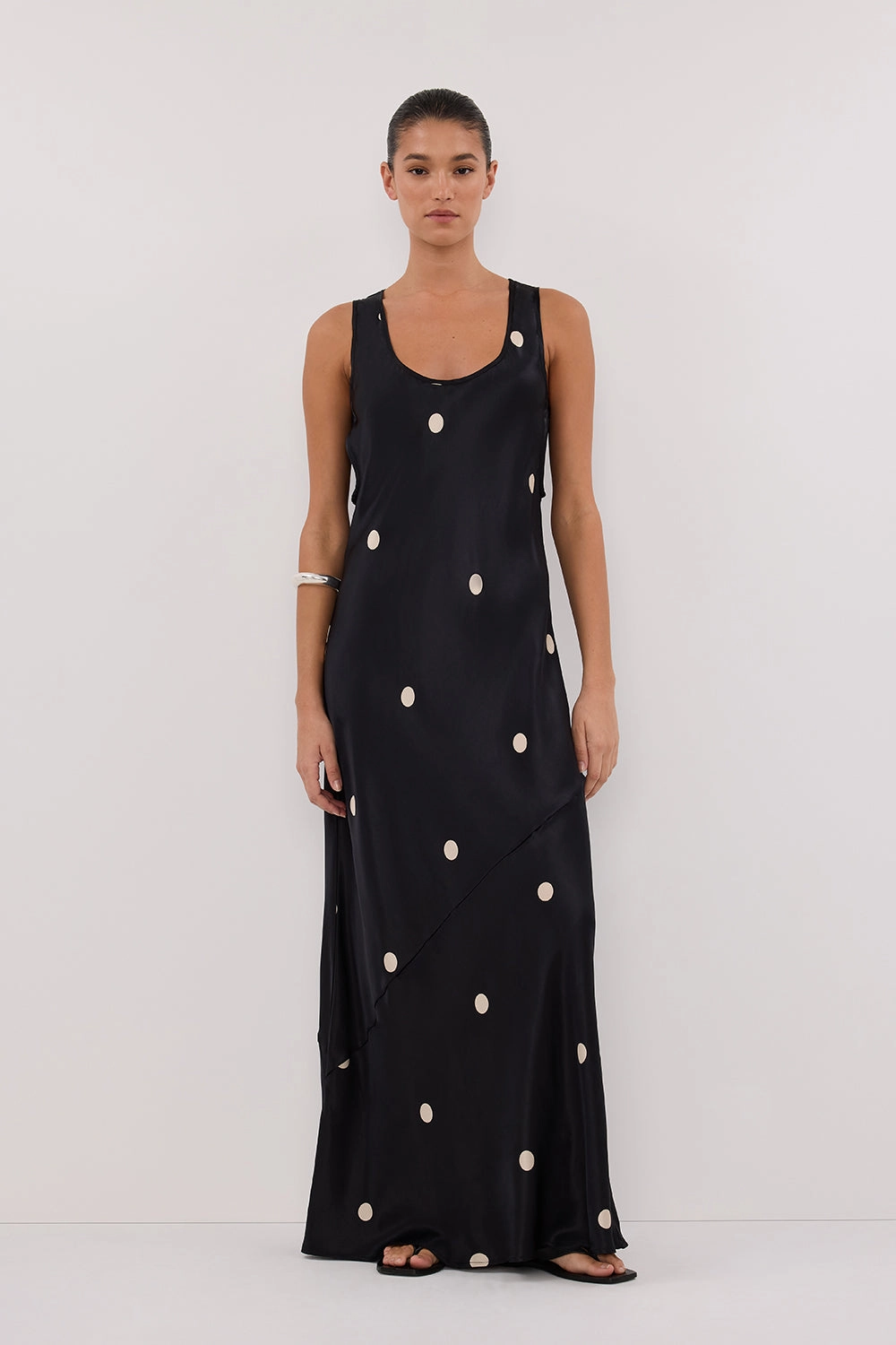 LAURA BLACK SPOT SILK MAXI DRESS Matte-finish Layered Look