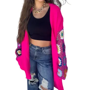 Crochet Sleeve Cardigan In Pink Knit Apparel