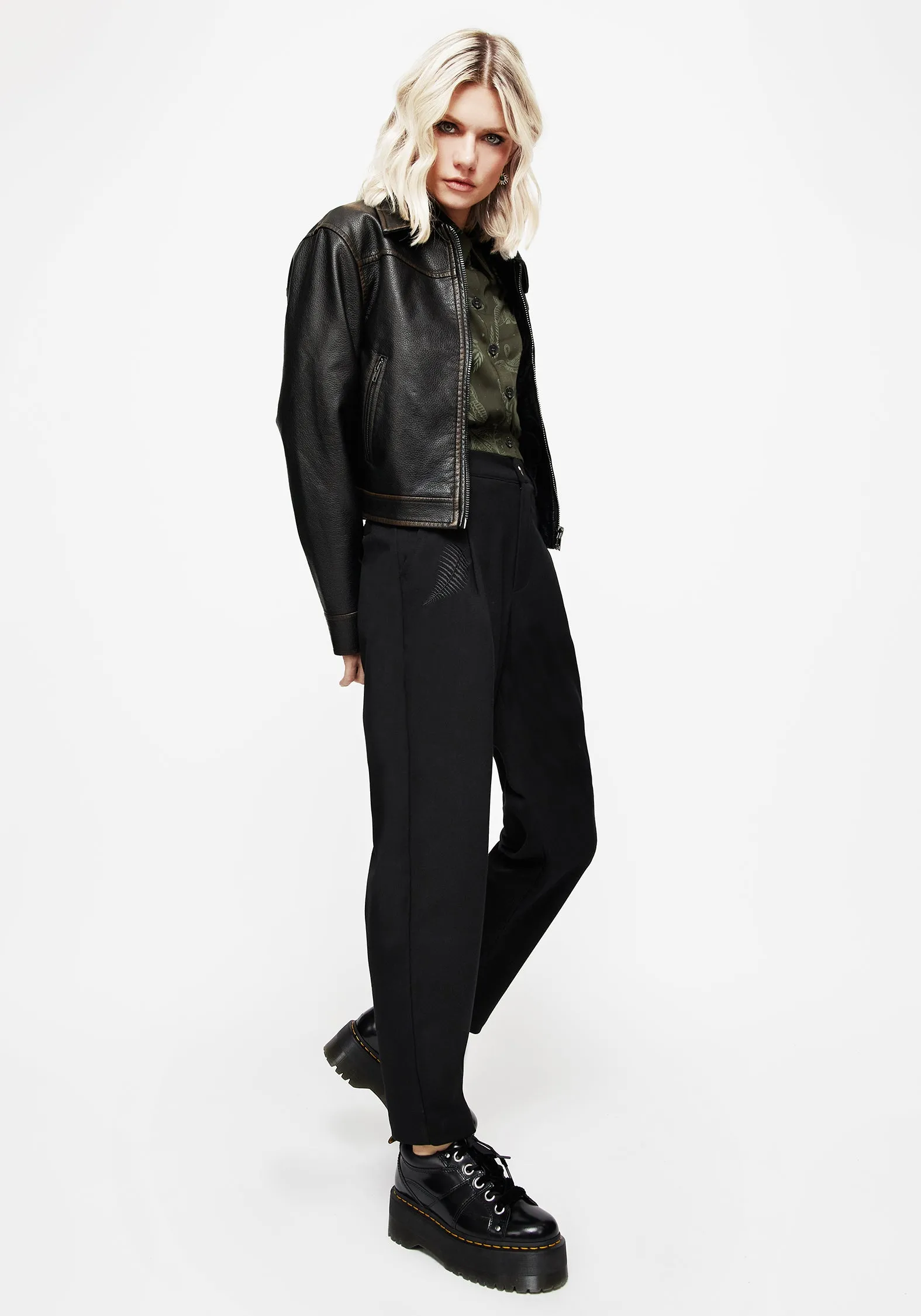 Marsilea Fern Embroidered Tapered Tailored Trousers Comfort Wear Trendy Design