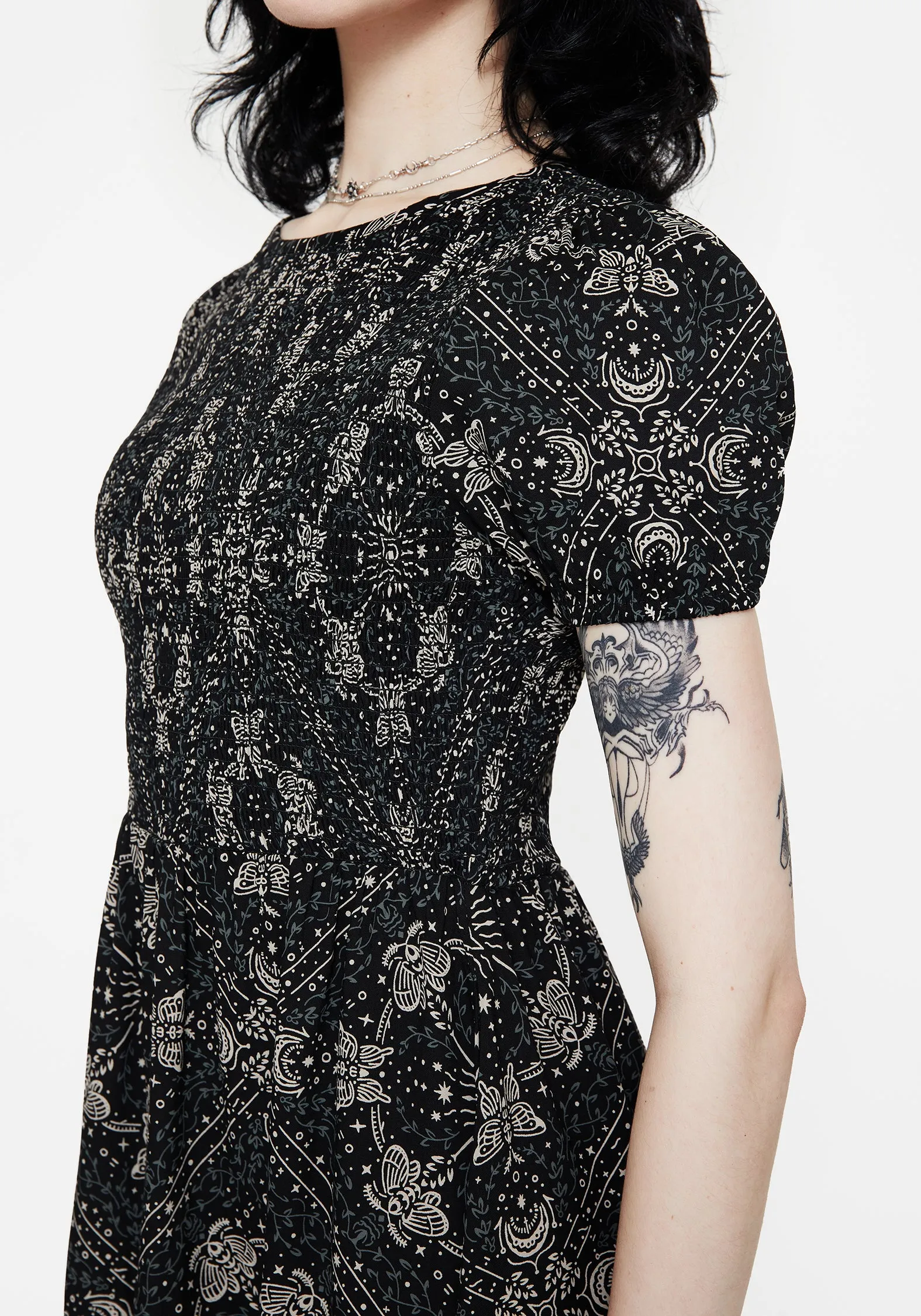 Striped-Pattern Tasteful Detail Poem Moth Print Puff Sleeve Mini Dress