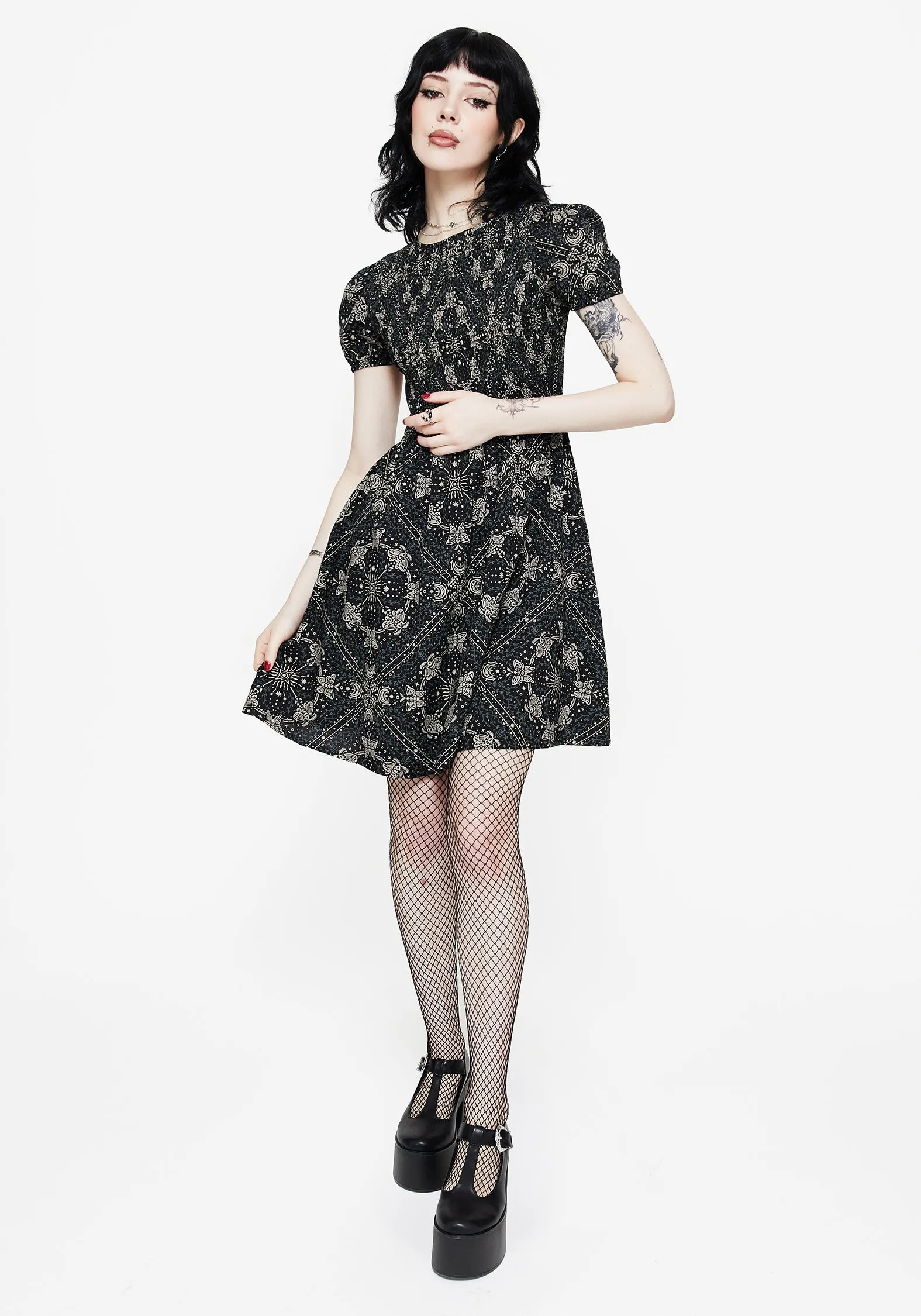 Neutral Look Lunch Date Poem Moth Print Puff Sleeve Mini Dress