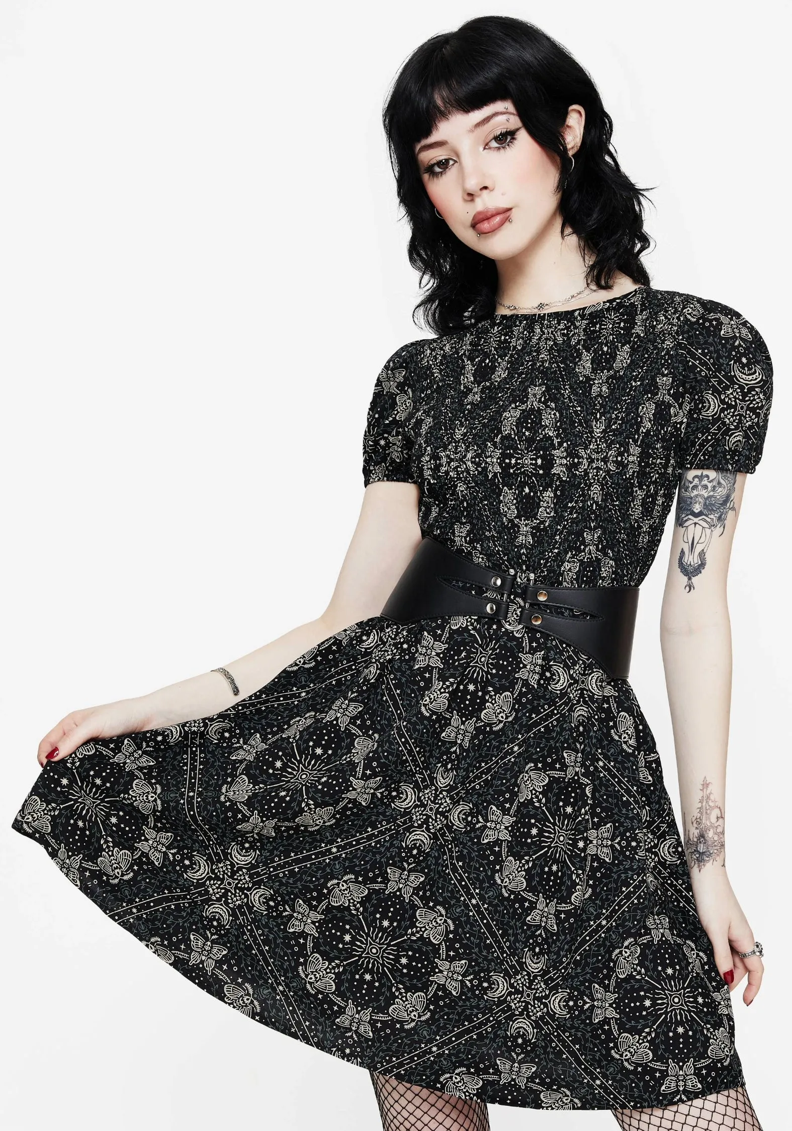 Poem Moth Print Puff Sleeve Mini Dress Soft Composition