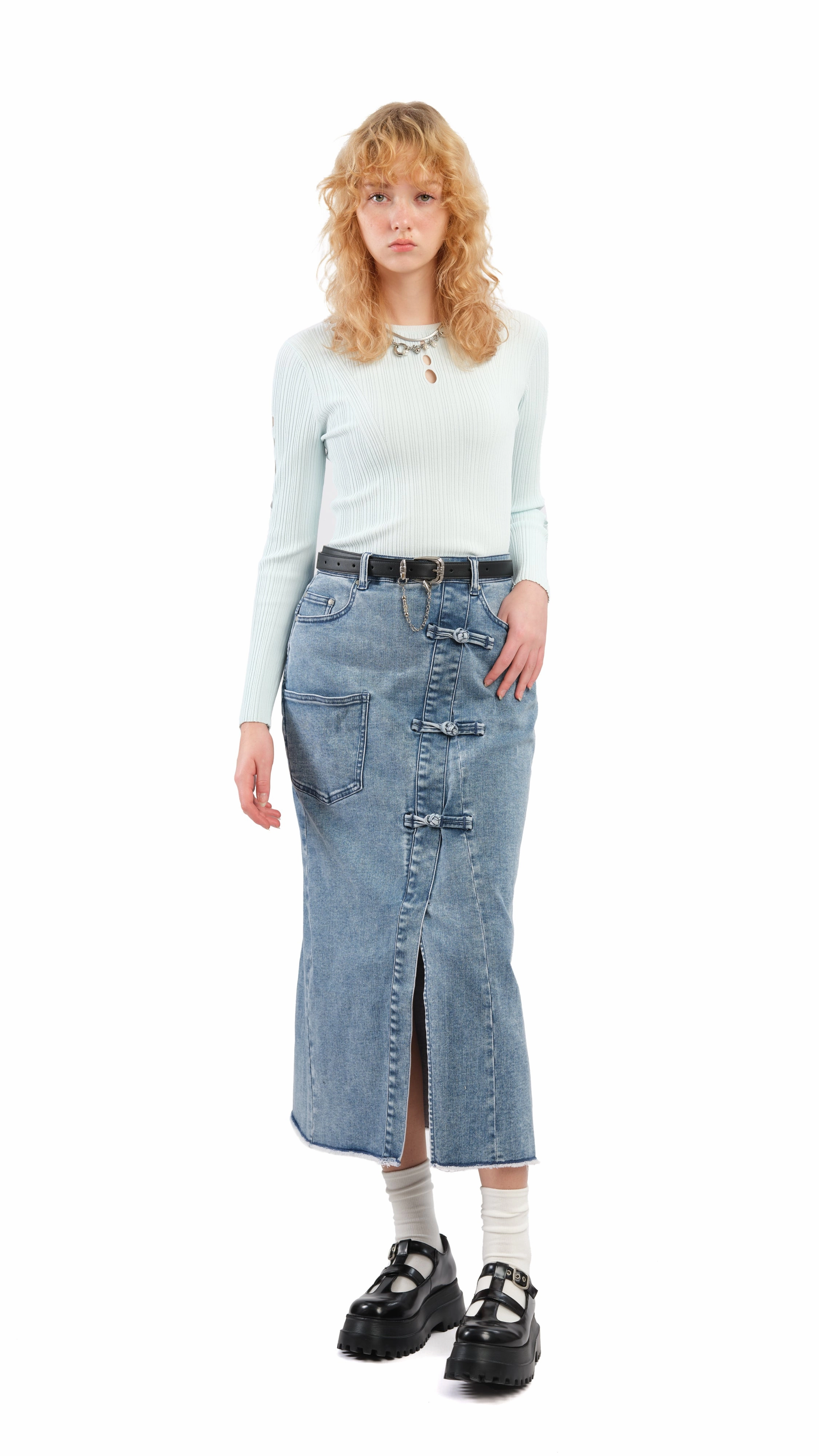 Rebuilt Denim Pencil Skirt Coordinated Set Tiered hem