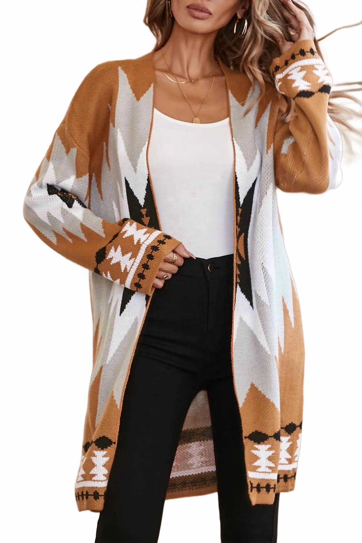 Western Graphic Open-Front Cardigan In Gold Versatile Wear