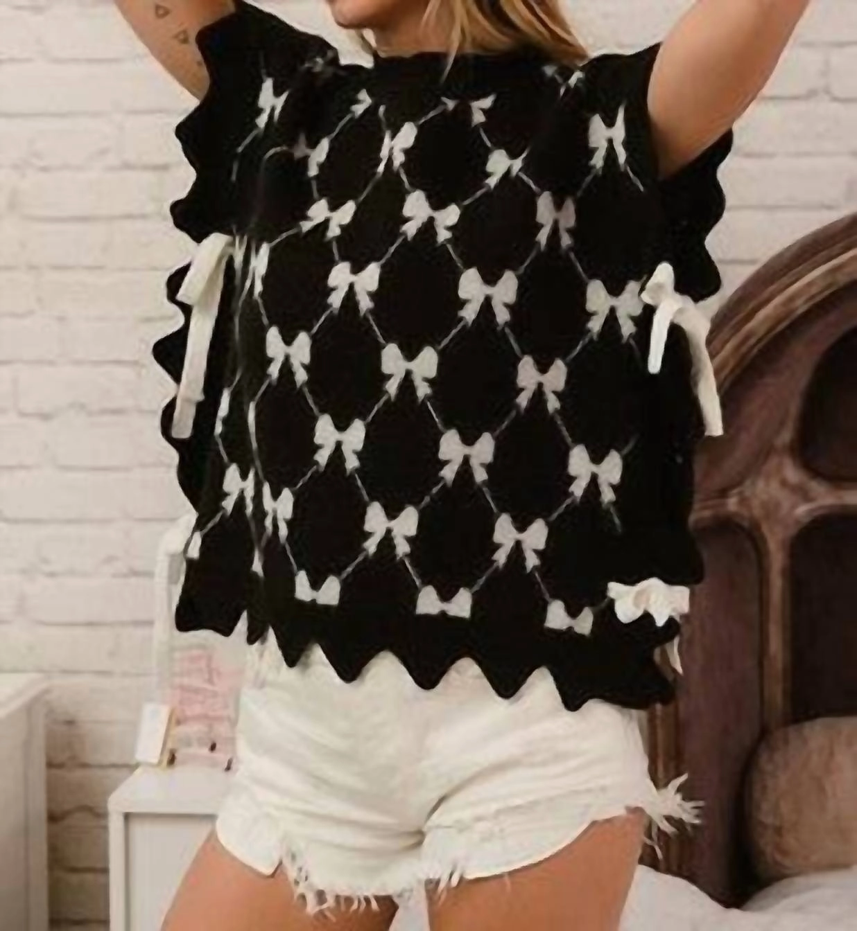 The Marie Bow Sweater Vest In Black & White Layering Essential Casual Knit Wear