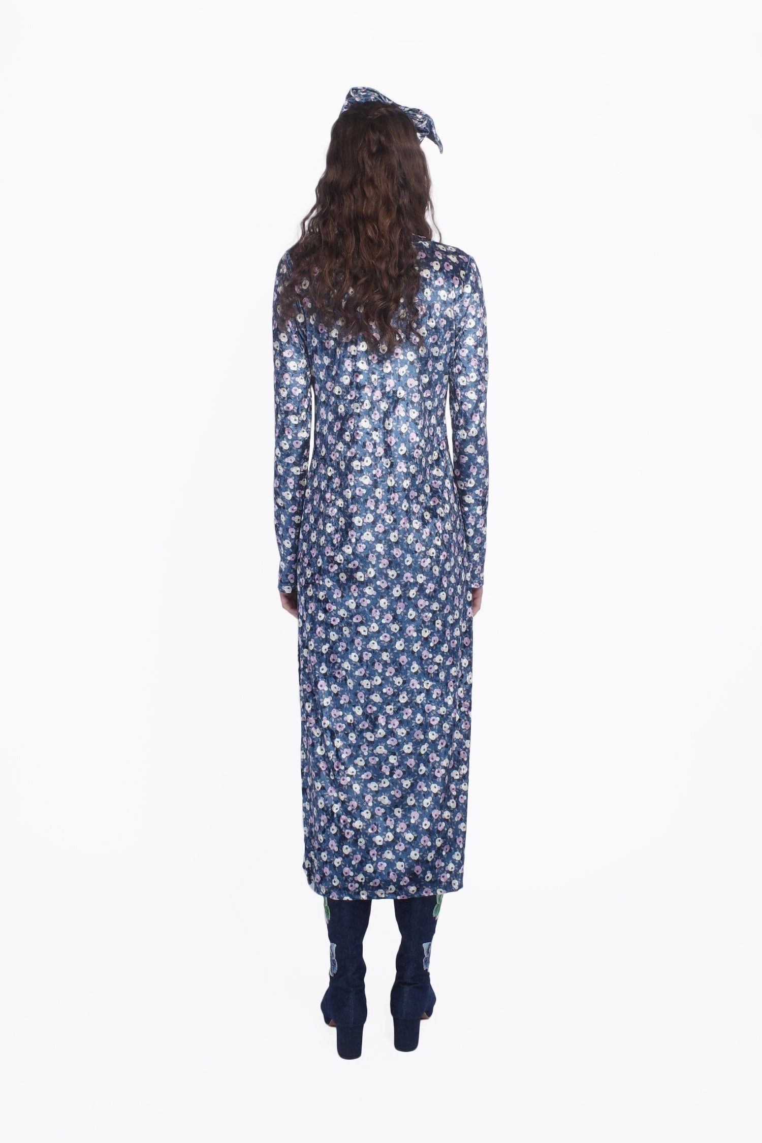 Lightweight-Comfort Fresh Combo Posie Stretch Velvet Long Dress With Slit