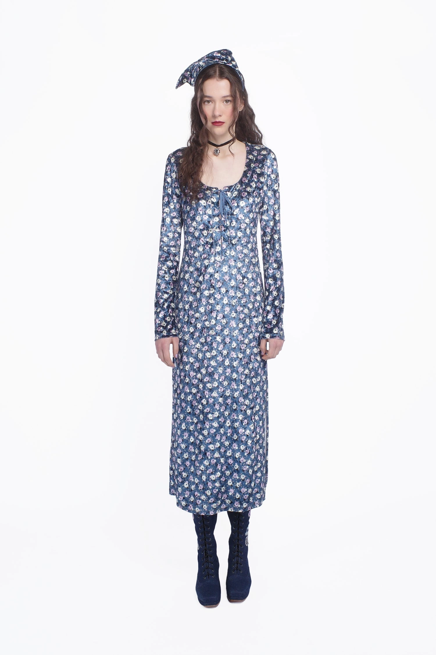 Posie Stretch Velvet Long Dress With Slit Sleek Fit