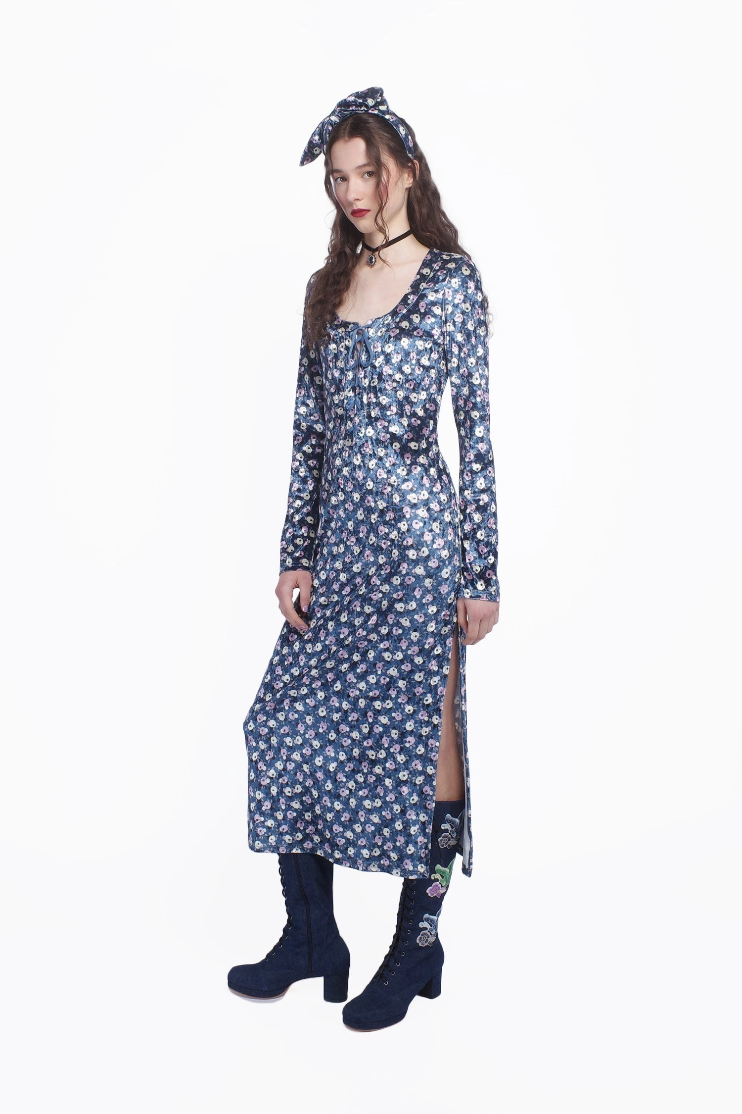 Posie Stretch Velvet Long Dress With Slit Comfort Stretch