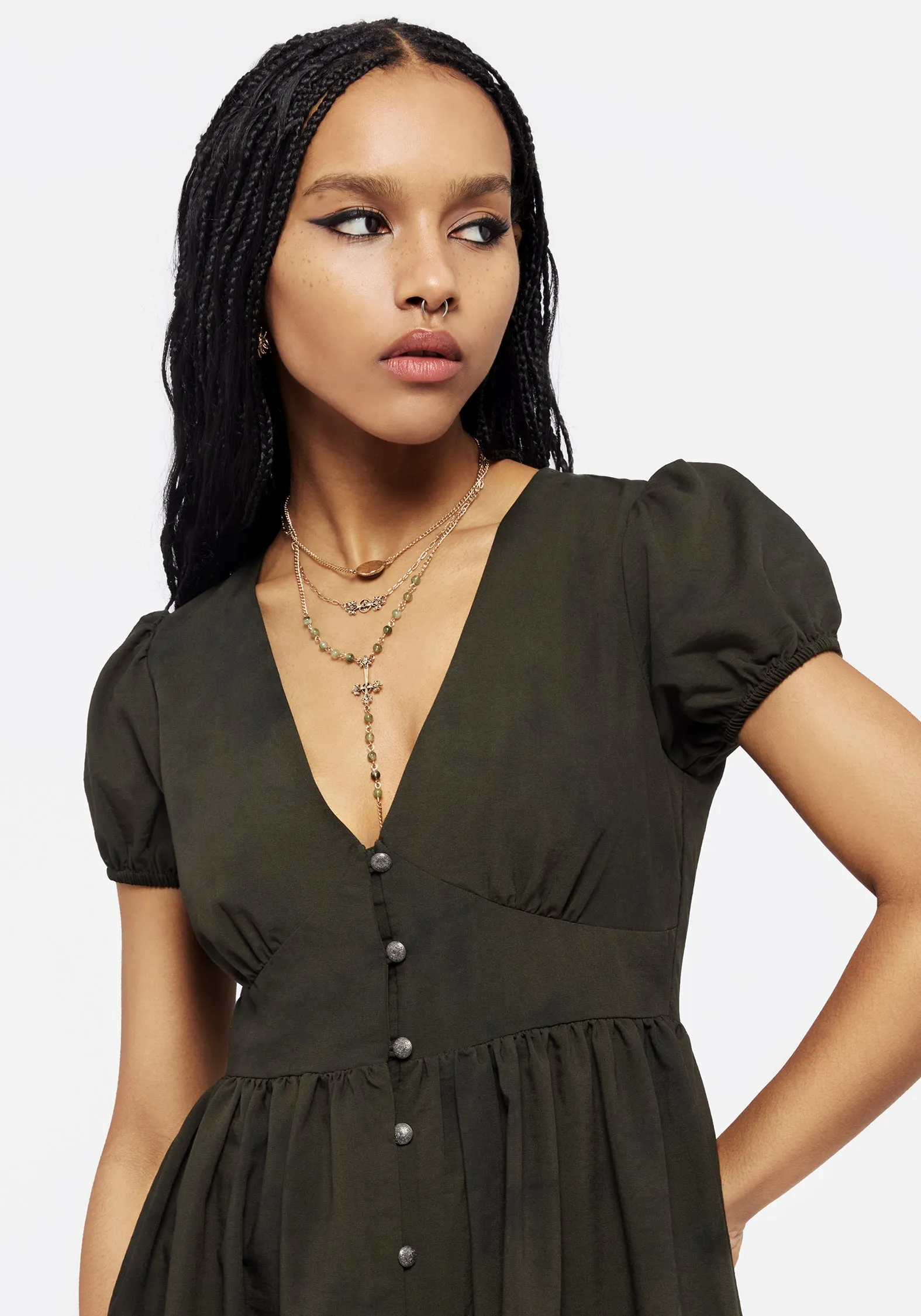Gladys Button Up Midi Dress - Green Light Weight
